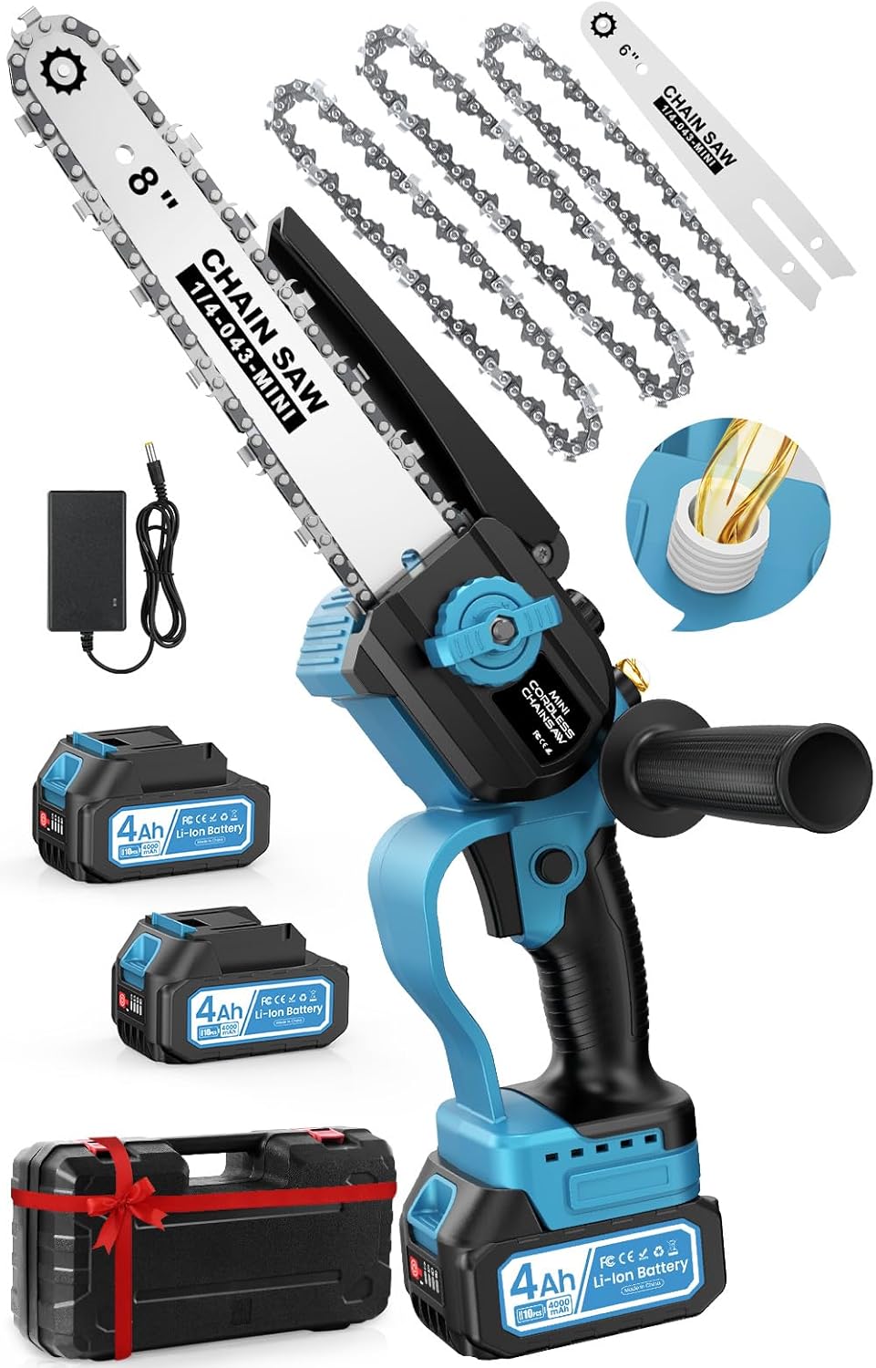 Mini Chainsaw Cordless, 8 Inch & 6 Inch Electric Chain Saw with 2*4000mAh Batteries, Battery Powered Handheld Chain Saw for Trees Trimming Cutter Small Chainsaw Gift for Men Father Husband Male Gadget