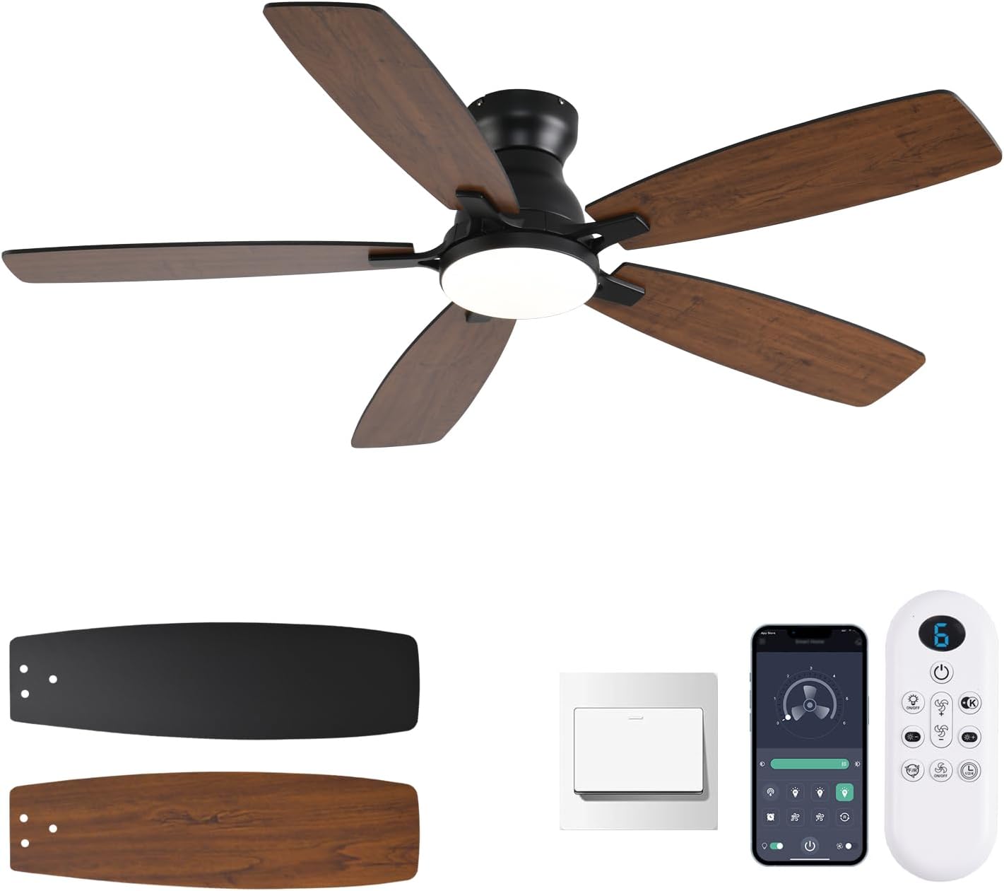 52inch Ceiling Fans with Lights, Low Profile Ceiling Fan with Light and Remote/APP Control, DC Reversible Motor, Noiseless, Flush Mount, Brown Ceiling Fan for Bedroom Indoor/Outdoor Use