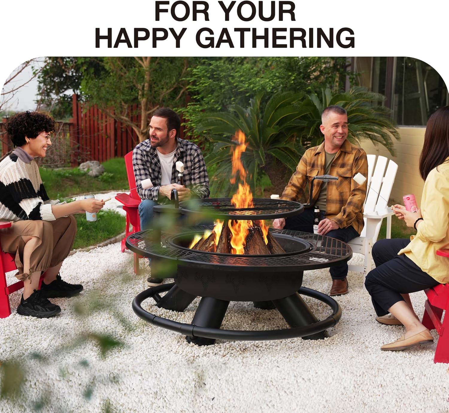 Bestier 47 inch Outdoor Fire Pit with Grill, Wood Burning Firepit,for Family Camping, Backyard, Bonfire Patio Picnic BBQ - Deer Head Style