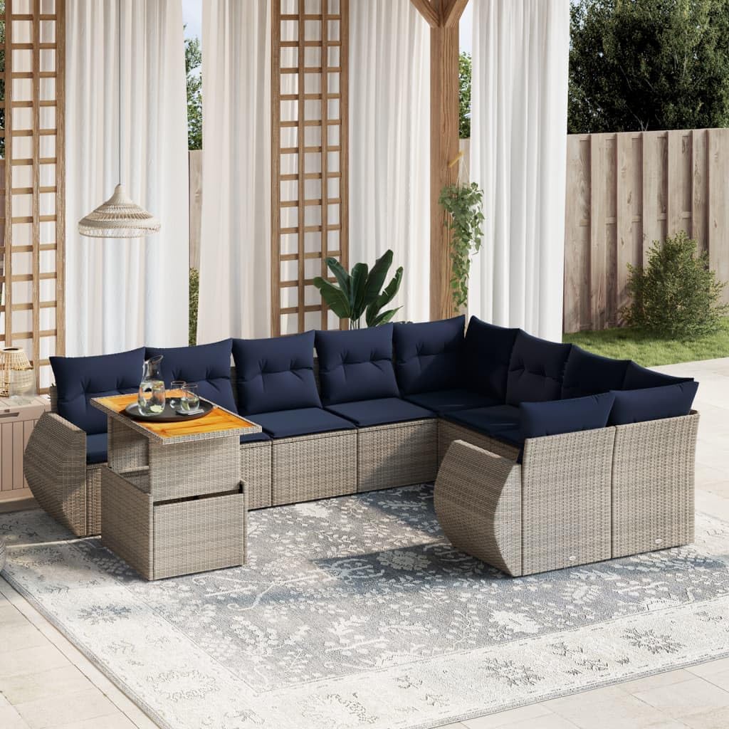 10 Piece Patio Sofa Set, Gray Poly Rattan Outdoor Sectional Furniture with Cushions, Adjustable Table, UV-Proof for Garden, Deck, Balcony