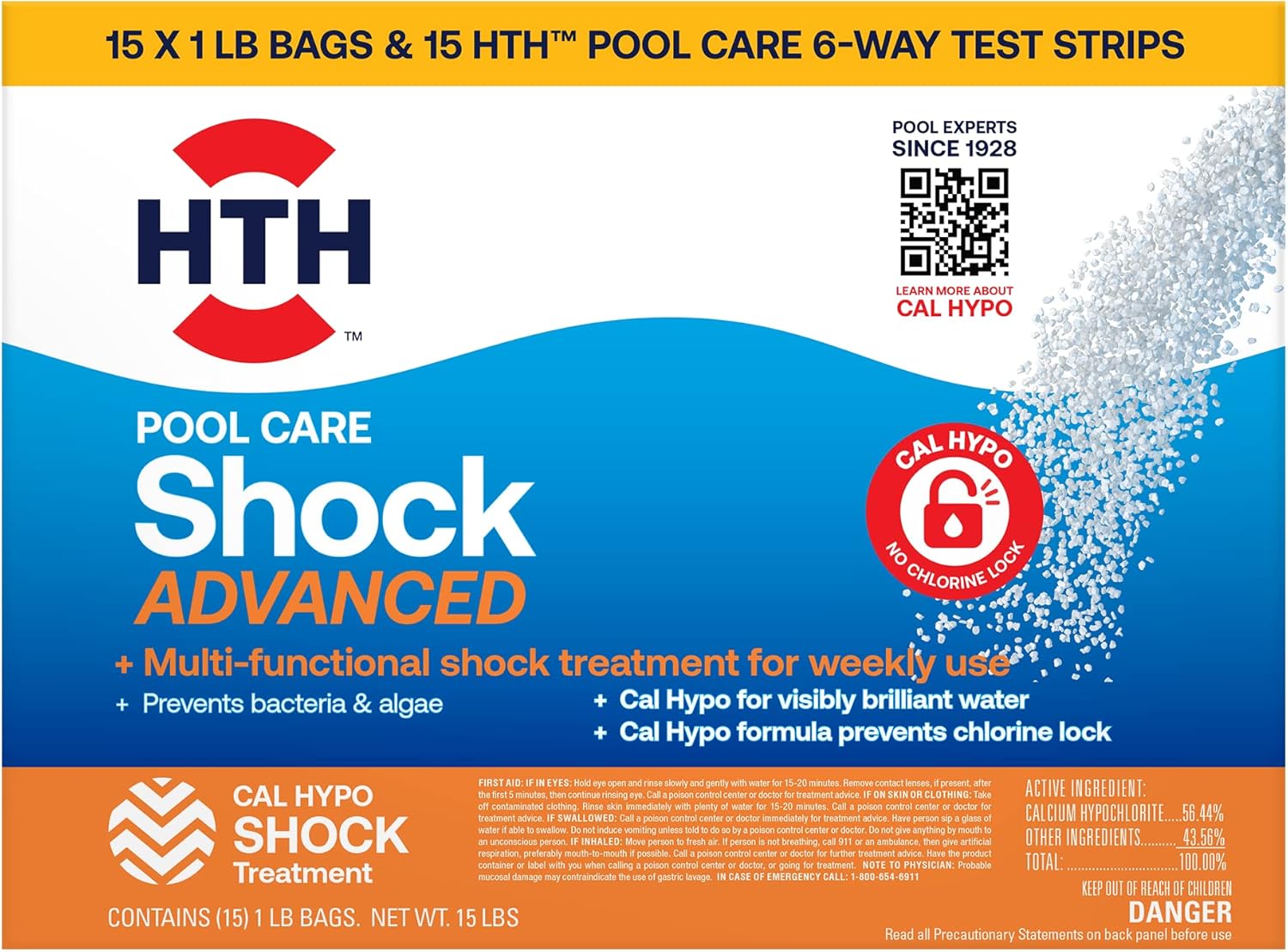 HTH 52125 Swimming Pool Shock Advanced - Crystal Clear Water, 15 Pack of 1lb Bags