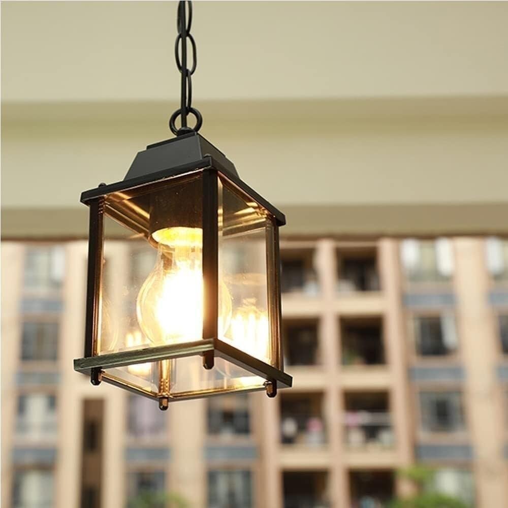 Waterproof Glass Lantern Pendant Light with E27 Base Modern European Hanging Ceiling Fixture for Outdoor Garden Courtyard Pavilion Gallery Lighting