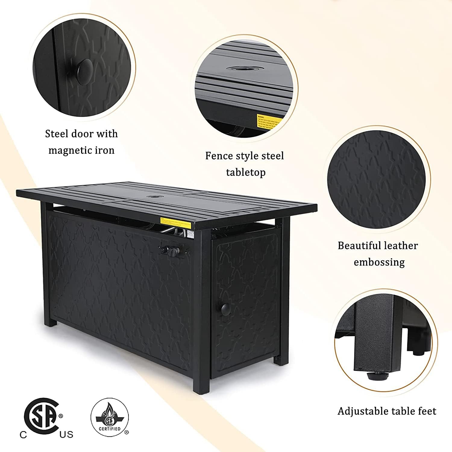 Gas Fire Pit Table 45 inch 50,000 BTU Square Outdoor Propane Fire Table Fireplace for Patio Garden Camping Outdoor Heating with Blue Fire Glass