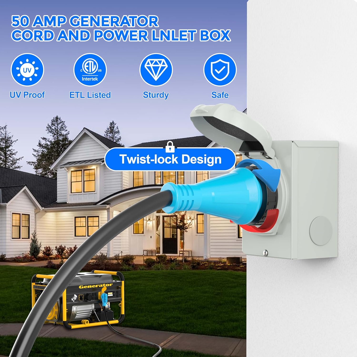 25 Feet 50 Amp Generator Cord and Power Inlet Box Combo Kit, Pure Copper Wire STW 6/3+8/1 AWG 125/250V, NEMA 14-50P to SS2-50R Twist Lock for Generator to House