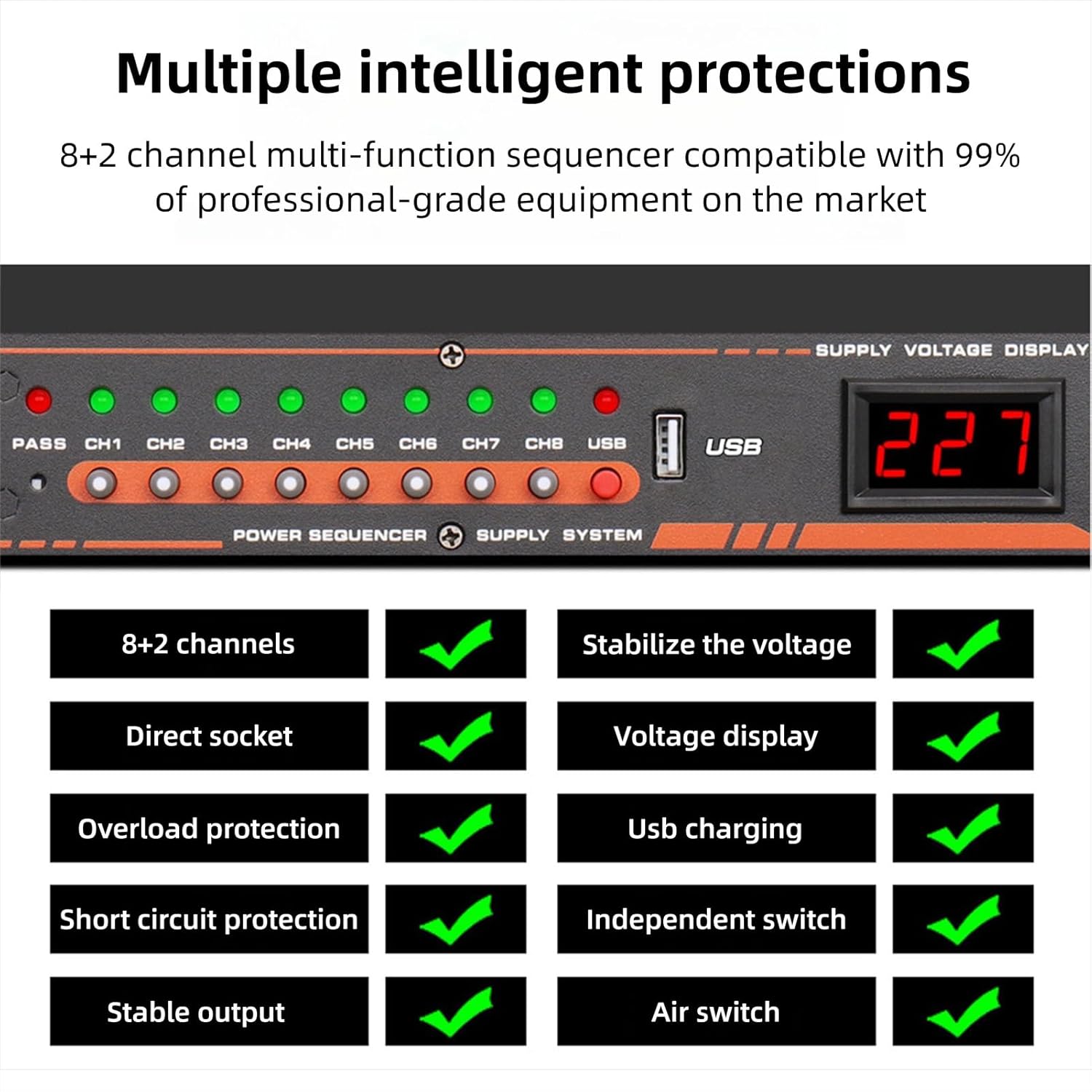 10 Outlet Power Sequencer Conditioner, Audio Digital Power Supply Controller Regulator with Voltage Readout & Surge Protector, for Home Theater Stage Studio Use (US Plug)