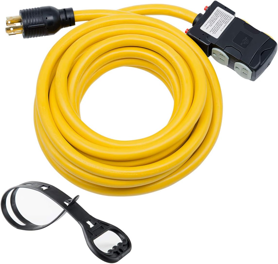25Ft Generator Cord with Surge Protector Breaker,Heavy Duty Generator Locking Cord,NEMA L14-30P/Four 5-20R,4 Prong 10 Gauge Flexible Cable,Power Extension Cord, 30Amp 7500 Watts