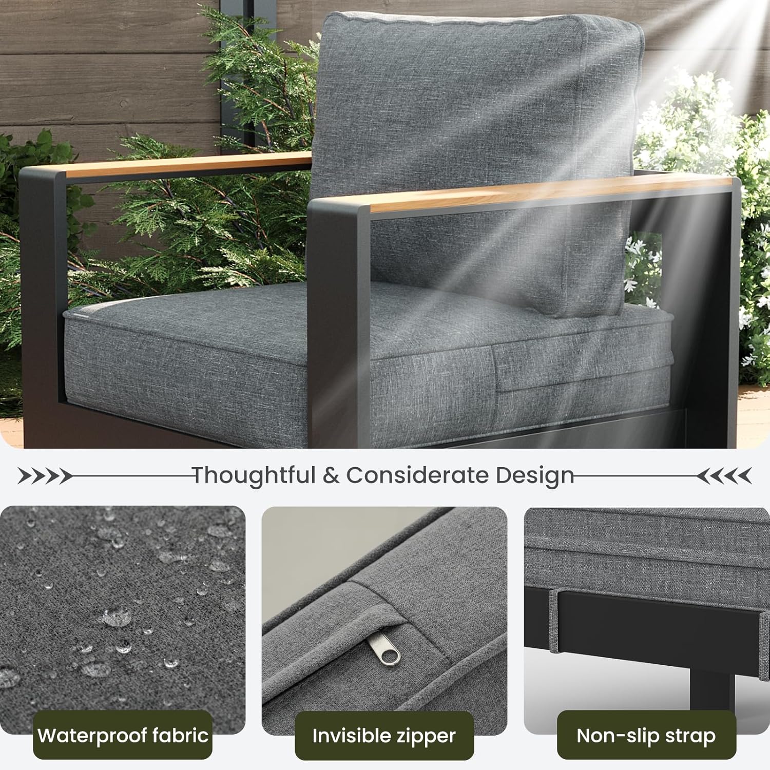 LayinSun 4 Piece Aluminum Outdoor Furniture Set with Fire Pit Table, Outside Patio Deep Seating Conversation Set with Upgraded Washable Thick Cushion