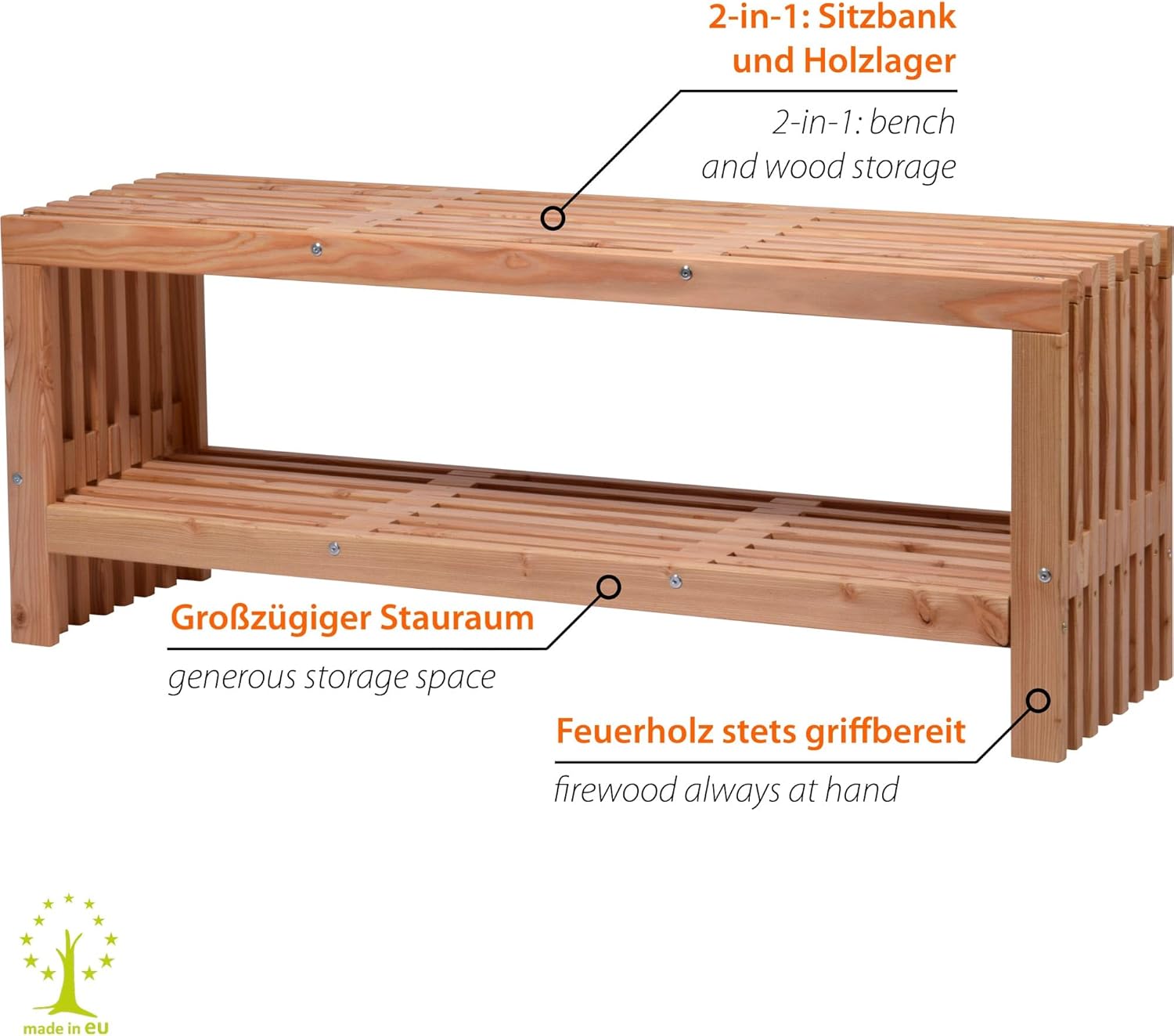 dobar® Green Label Freja 29109FSCe Garden Bench with Firewood Compartment Modern Bench with Storage Space Robust Douglas Fir Wood with Protective Glaze Solid Wooden Bench 115 x 30 x 45 cm Natural