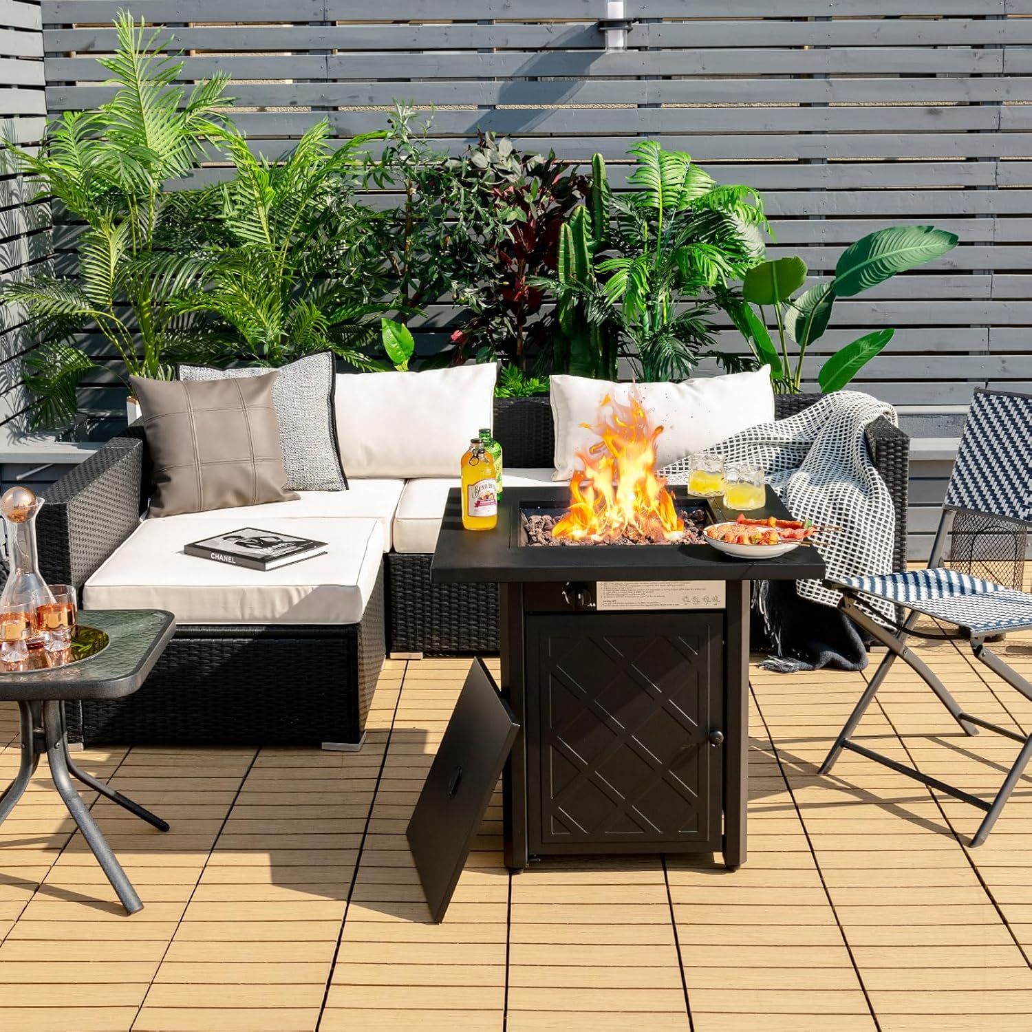 COSTWAY 28 Inches Outdoor Propane Fire Pit Table, 50,000 BTU Patio Gas Fire Pit Table, 2-in-1 Square Auto-Ignition Fire Pit Table with Lid and Lava Rocks for Patio, Backyard, Party, CSA Certification