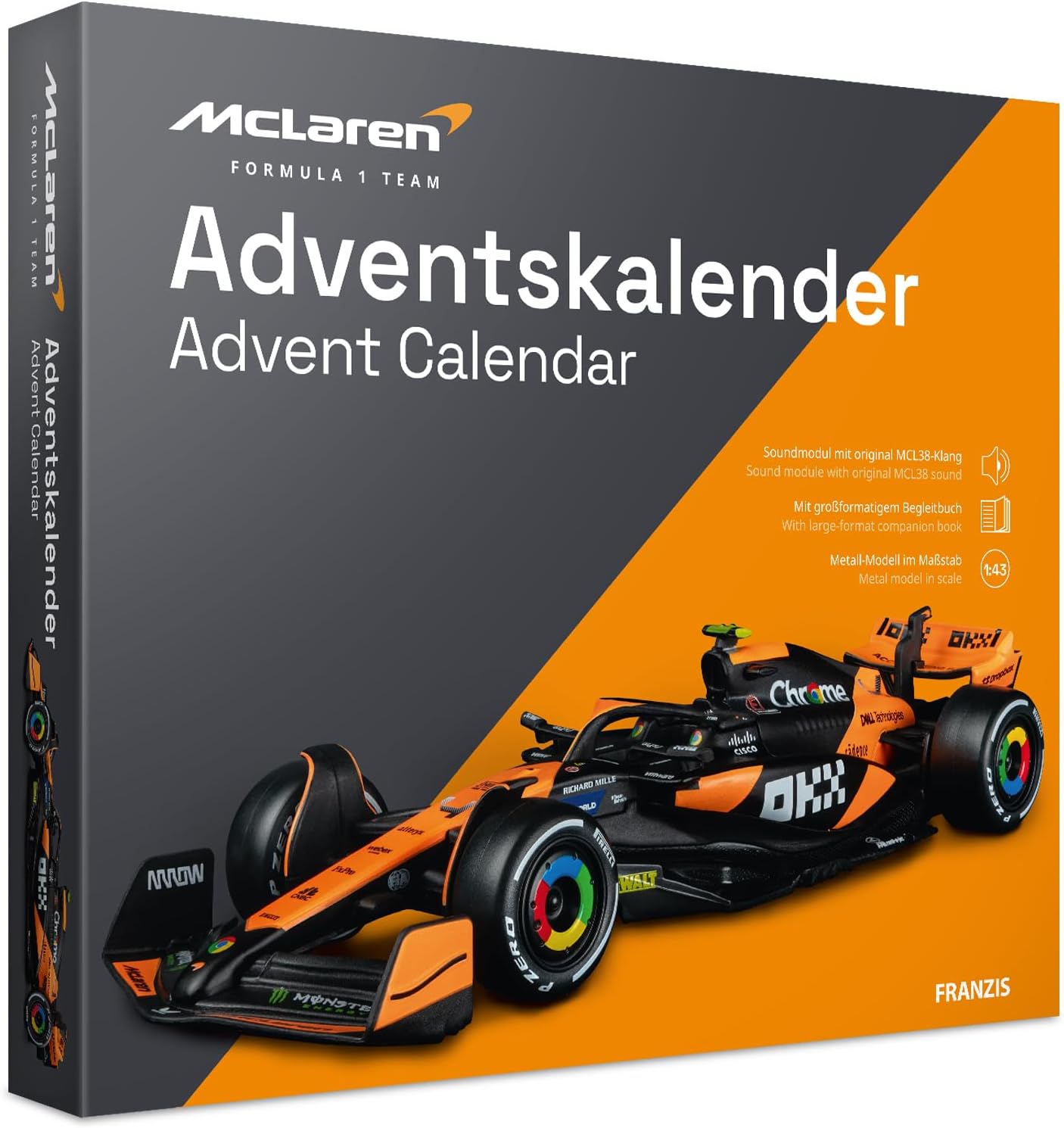 FRANZIS 67391 McLaren Racing Advent Calendar 2025 Model Kit in Scale 1:43 Includes Sound Module and 52 Page Accompaniment Book