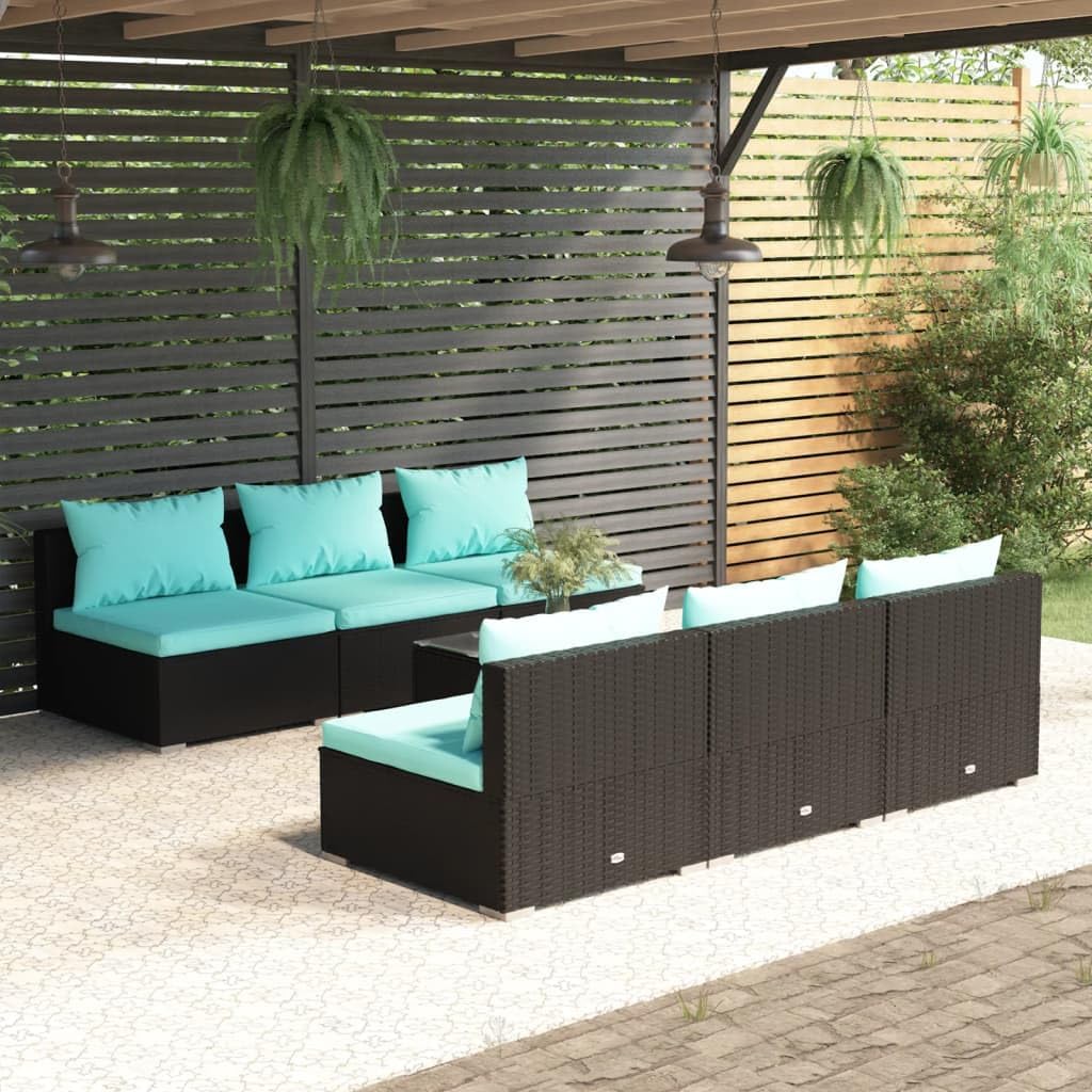 7 Piece Patio Lounge Set with Cushions Poly Rattan Black,Complete Outdoor Patio Lounge Set with Aqua Cushions and WaterResistant PE Rattan for Comfort and Durability Furniture Sets for Patio, Lawn & G
