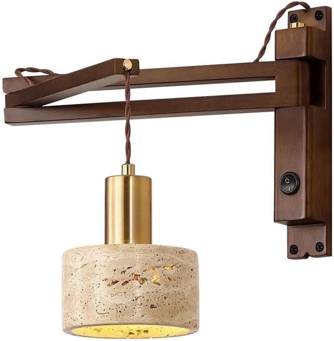 Swing Arm Wall Sconce, Wood Natural Stone Wall Sconce, Industrial Rustic Wall Mounted Reading Light, Adjustable Vintage Mid Century Wall Mounted Lamp for Bedroom Bedside Lighting Fixtures