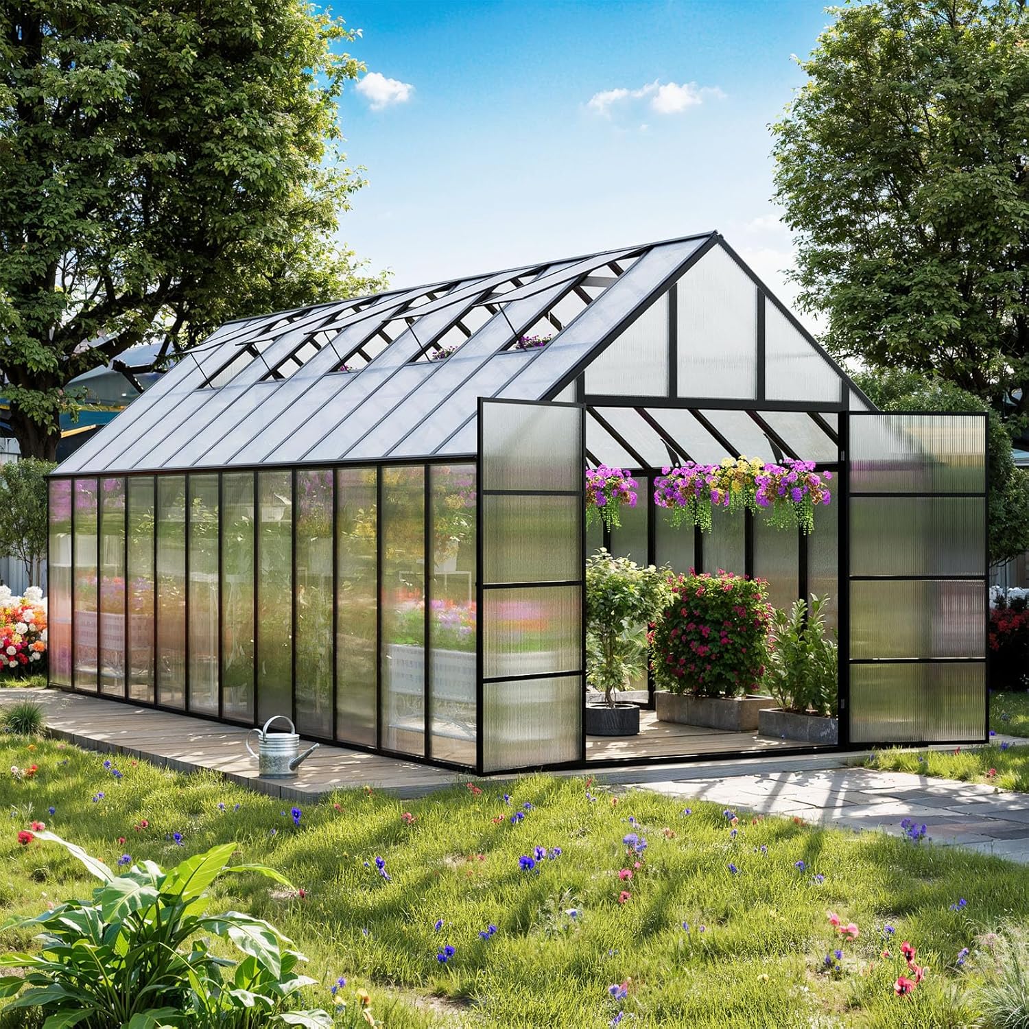 HUSFU Greenhouse,10x24 FT Polycarbonate Greenhouses for Outdoors w/5 Vent Windows,Swing Door Walk-in Large Greenhouse Sunroom Aluminum for Garden Backyard Easy Assembly,Black