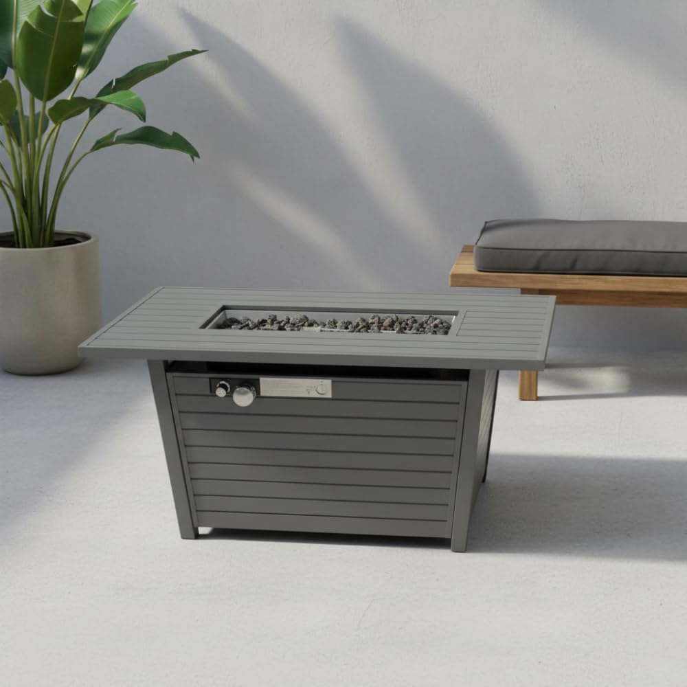 Modern Outdoor Propane Fire Pit Table with Lid and Lava Rocks, Steel Construction for Patio Garden Backyard Deck Heating and Ambiance