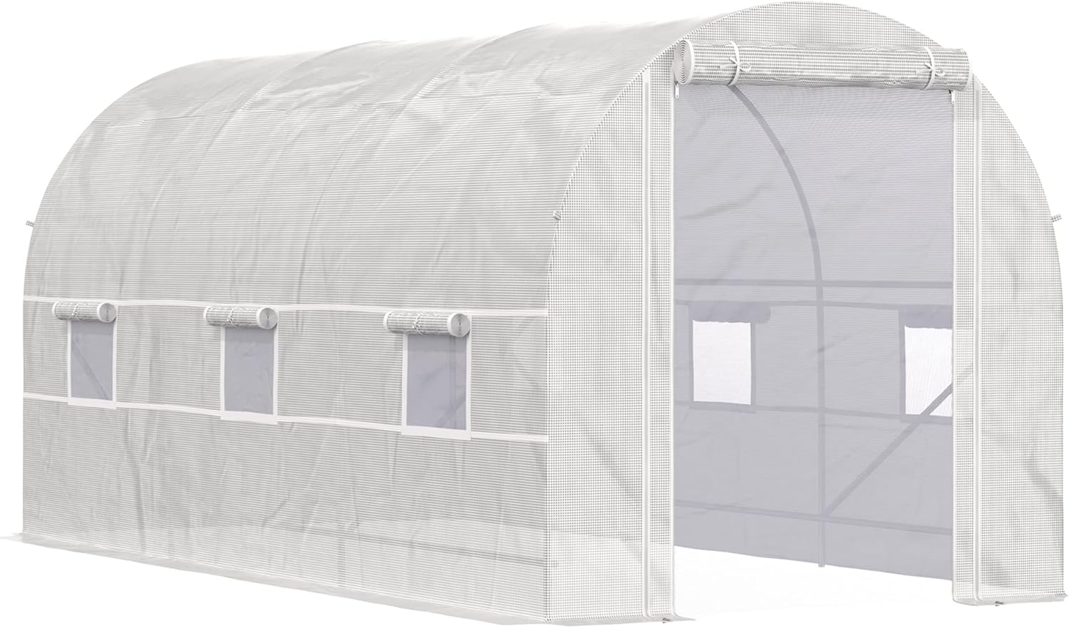 CHARMMA 15' x 7' x 7' Walk-in Tunnel Greenhouse, Large Garden Hot House Kit with 6 Roll-up Windows & Roll Up Door, Steel Frame, White