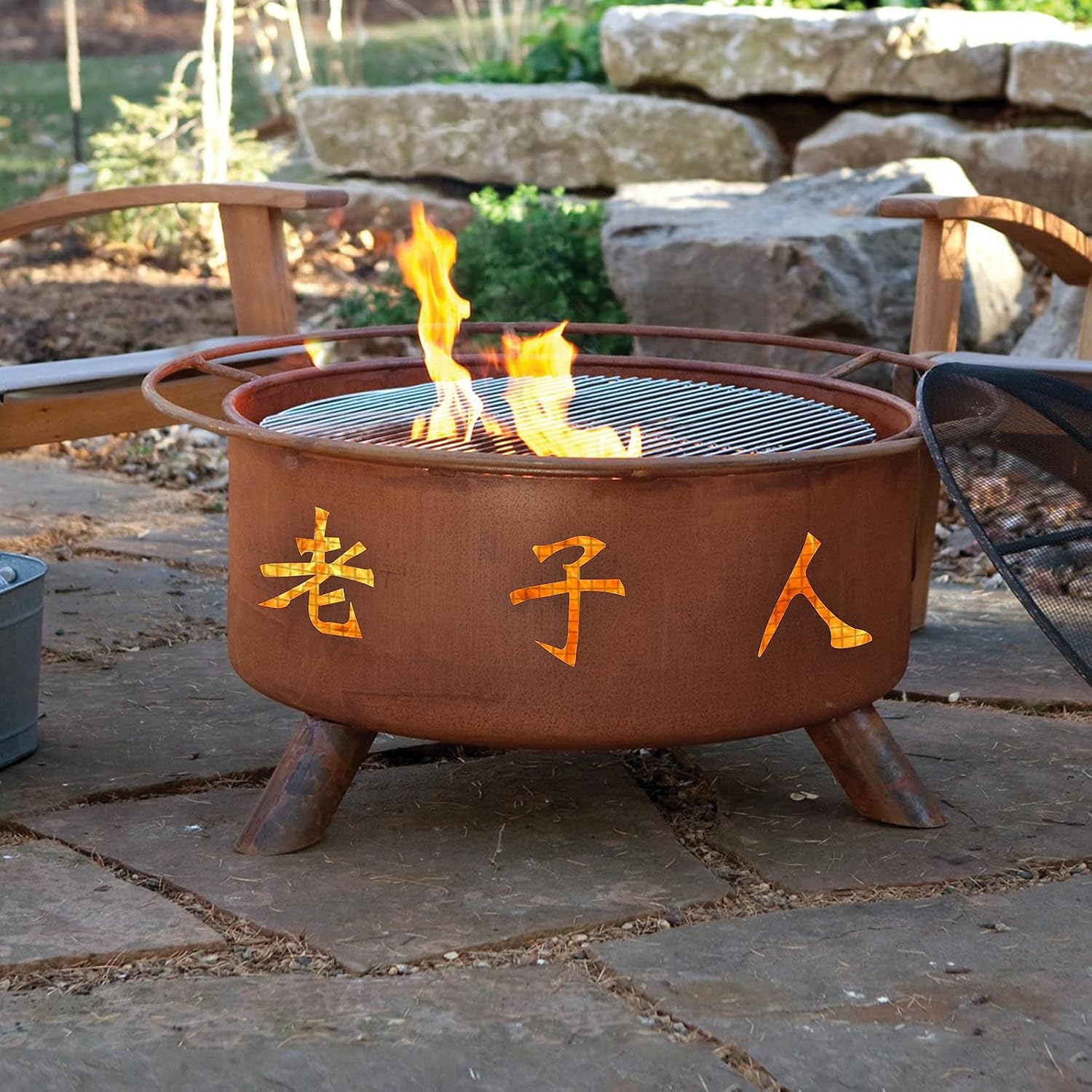 Patina Products F103 Chinese Symbols Steel Outdoor Fire Pit - 24 x 24 x 11 inch - Natural Rust Patina Finish