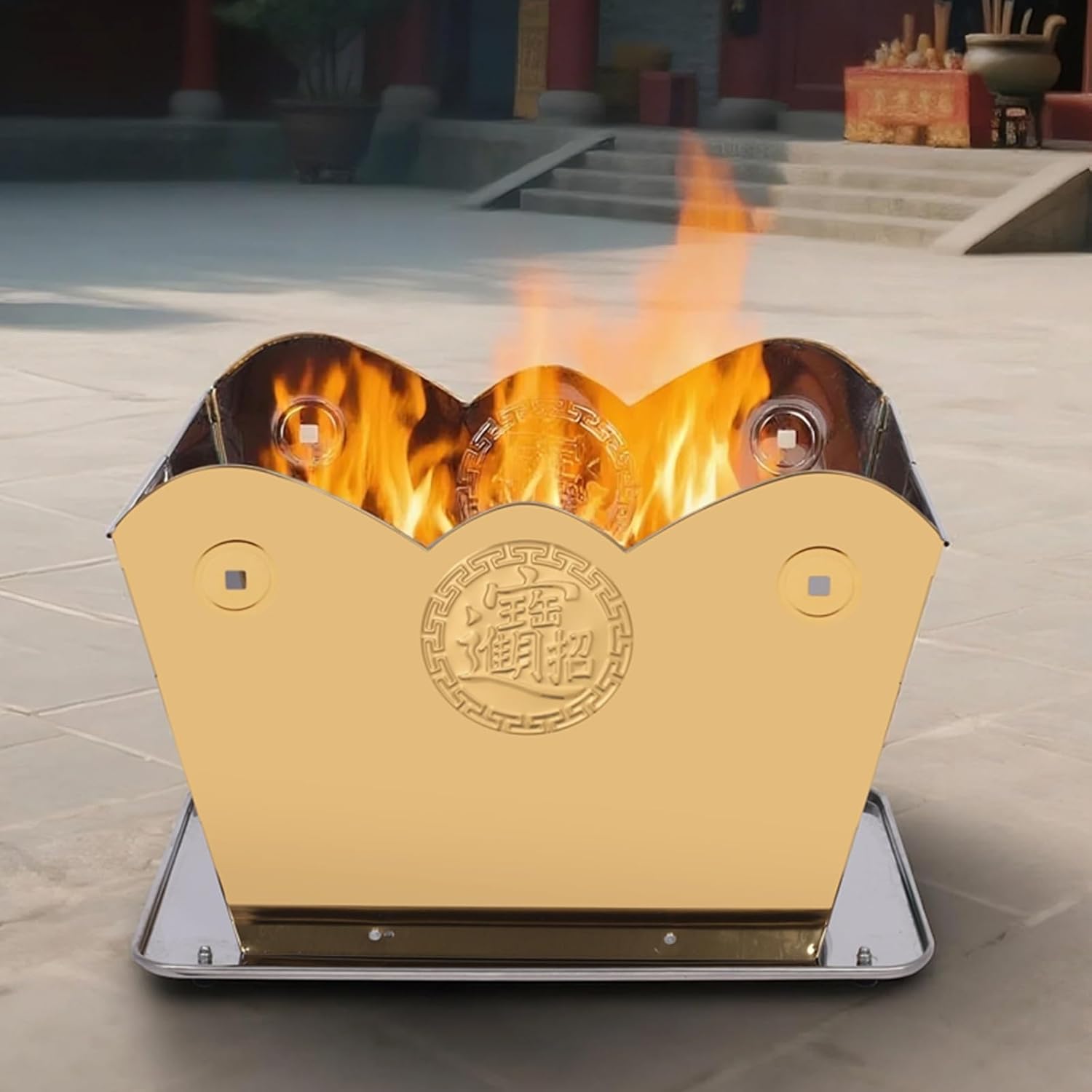 Burn Barrels for Outside for Burning Trash, Fire Pit, Foldable Metal Barrel for Ancestor Money Waste Garden Leaf Wood(Gold,Large)