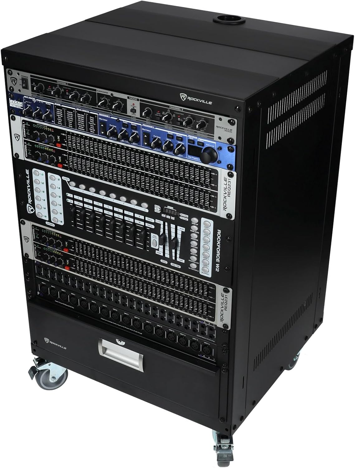 Rockville RR14U 14U Live Sound/Recording Studio Rack Case with Wheels, Reversible Rack Rails, Front & Rear Mounting, Cable Management Ports, 440lb Capacity