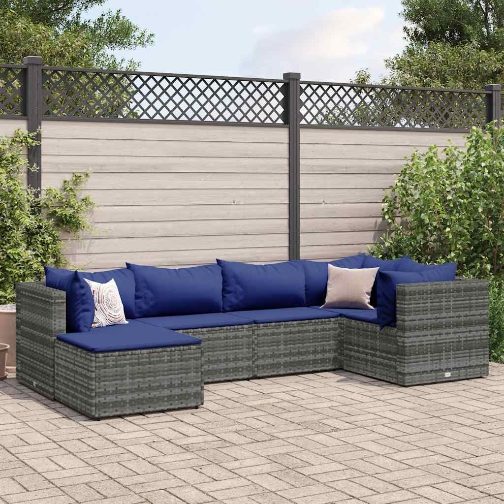 6 Piece Patio Lounge Set with Cushions Gray Poly Rattan Garden Furniture