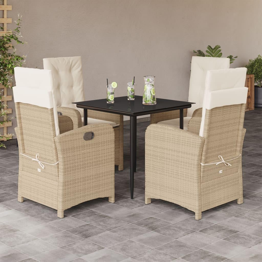 5 Piece Patio Dining Set with Cushions Beige Poly Rattan,Outdoor Rattan Dining Set with Adjustable Backrest and Comfortable Cushions for Garden and Patio Furniture Sets for Patio, Lawn & Garden