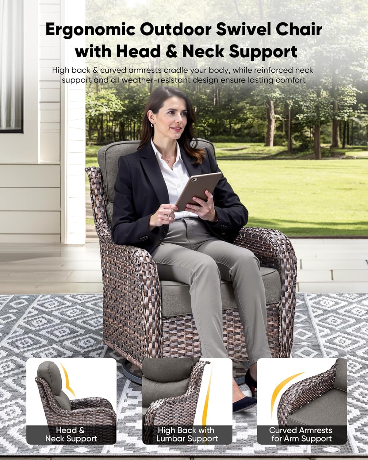 HUMMUH 6 Pieces Patio Furniture Set with Fire Pit High Back Outdoor Furniture Set 6-inch Cushions Wicker Patio Swivel Rocker Chairs for Balcony Garden,Lawn,Deck