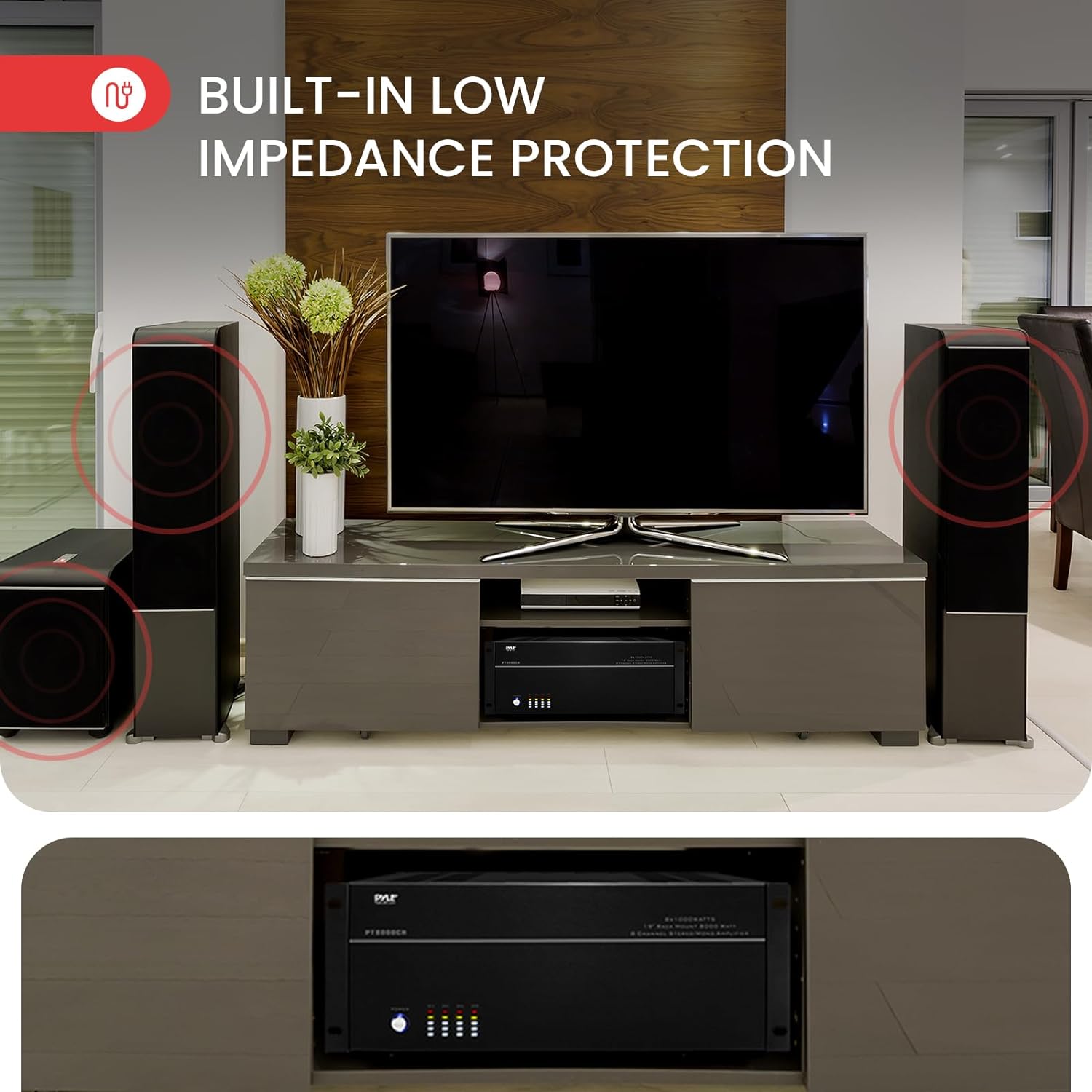 Pyle 4 Multi-Zone Stereo Amplifier - 19” Rack Mount, Powerful 8000 Watts with Speaker Selector Volume Control & LED Audio Level Display, 4-Ch. Bridgeable Switches - PT8000CH