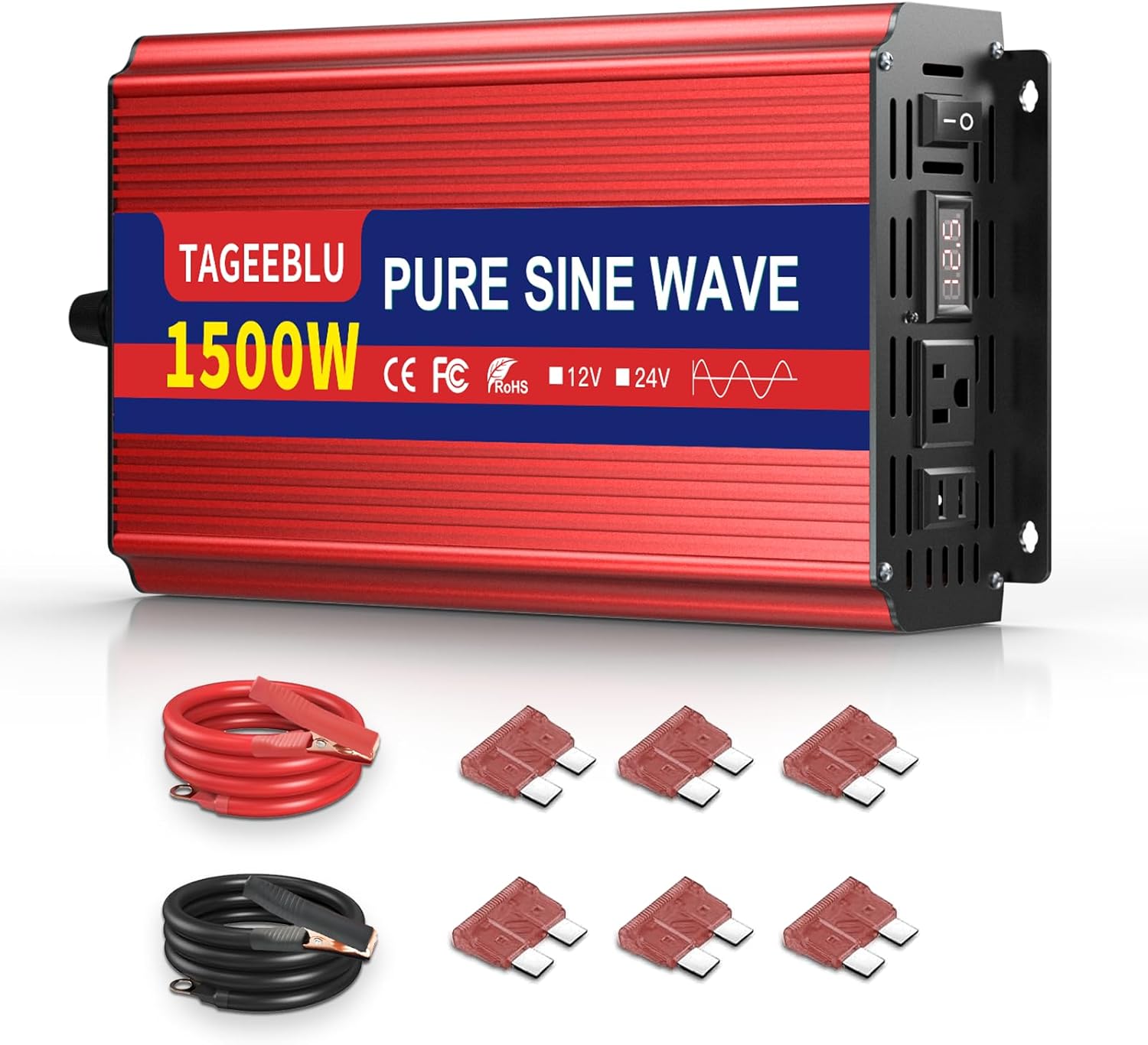 1500W 24V Pure Sine Wave Inverter, 24V DC to 110V/120V AC Power Inverter for RV、Off Grid、Truck、Power Outage with 2 AC outlets and LCD Display