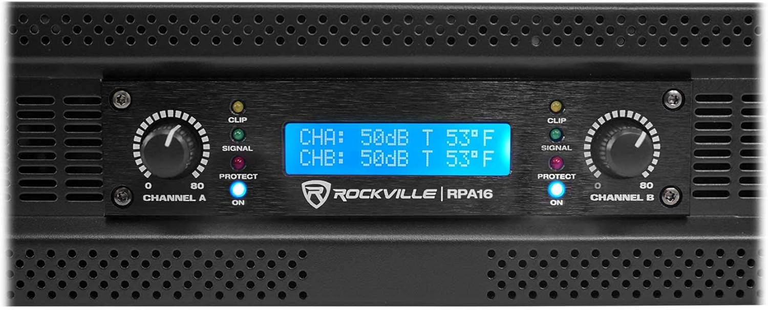 Rockville RPA16 10000W Peak/3000W RMS 2-Channel Power Amplifier, Bridgeable, Built-in Crossover, Limiter, LCD Display, XLR/Speakon/Banana Outputs, for Pro Audio and DJ