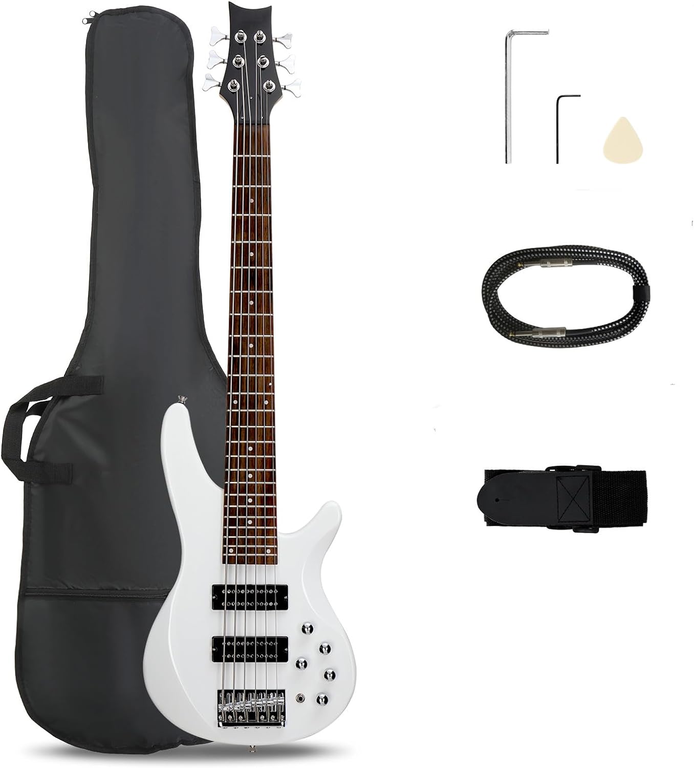 Ktaxon Bass Guitar 6 String Electric Bass Guitars, Beginner Bass Guitar with Professional H-H pickup, 3 Way Pickup Selector, Premium Cable, Unique Body Design for Beginner (Upgraded White)