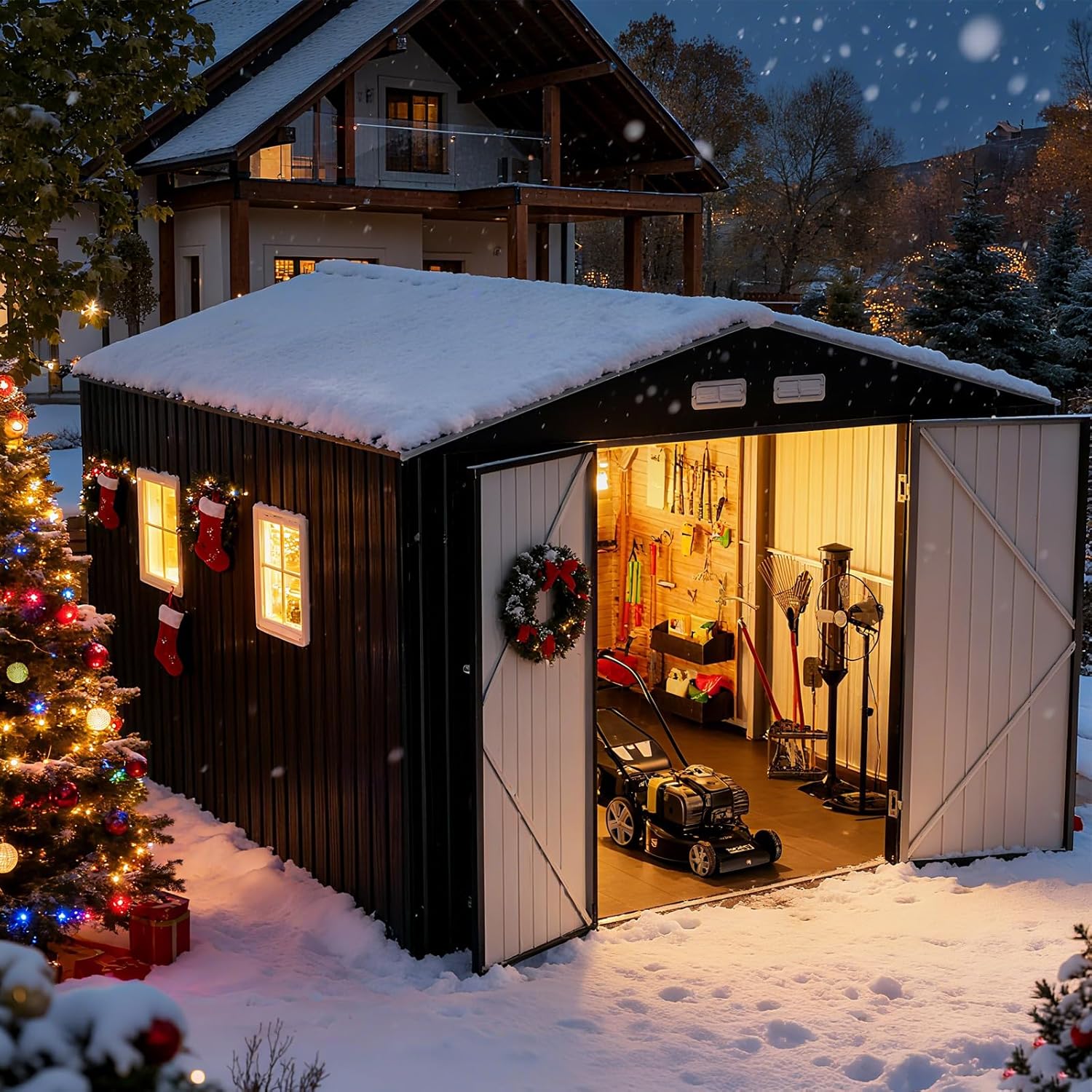 12x10 FT Metal Sheds & Outdoor Storage with Floor: Heavy Duty Garden Sheds with Dual Transparent Roof Panels, DIY-installable Windows & Lockable Doors, Tool Shed w/Base for Backyard, Patio, Grey