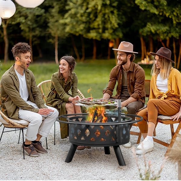 30 Inch with 1 Grill, Outdoor Fire Pit Ring with 1 Fork, Fire Ring for Outside Fire Pit with Ash Tray, Wood Burning Fire pits & Outdoor Fireplaces for BBQ, Party, Picnic
