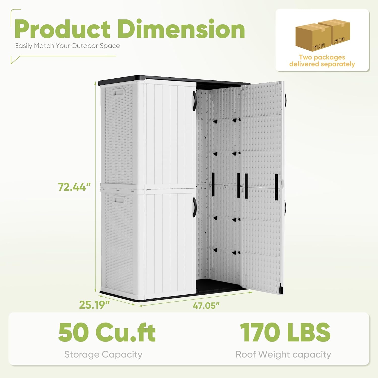 Devoko Outdoor Storage Cabinet 50 Cu Ft with Lockable Doors, Vertical Storage Shed Waterproof Patio Tools Storage Box for Sofa Cushions, Gardening Tools and Accessories (White)