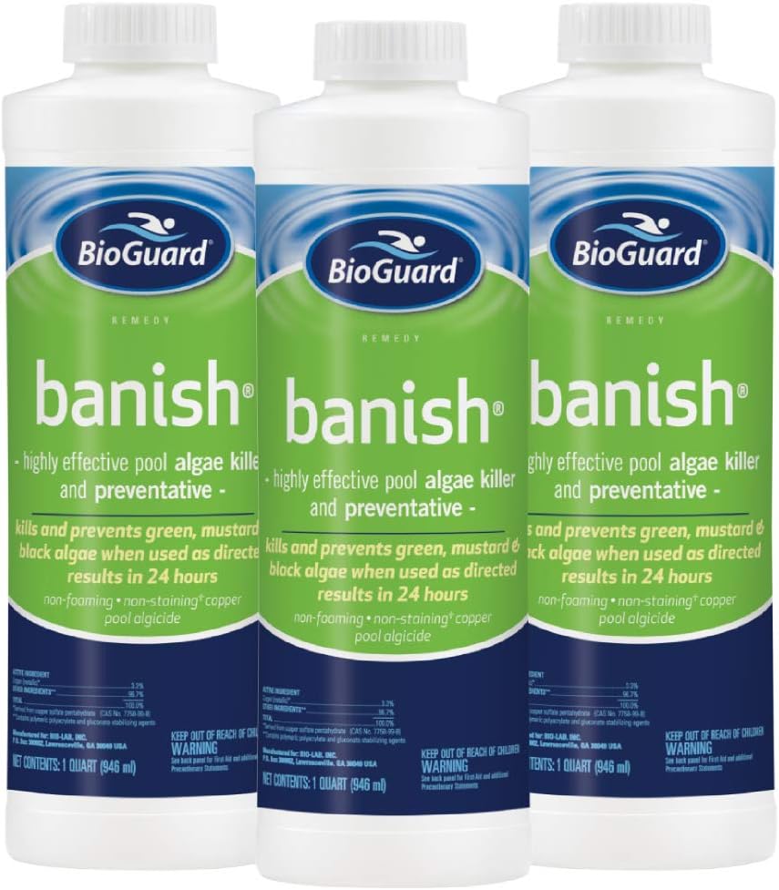 BioGuard Banish Pool Algae Preventative, 1 Quart, Pack of 3, Fast-Acting, Non-Foaming, Keeps Water Clear, Provides Effective Control of Algae Growth