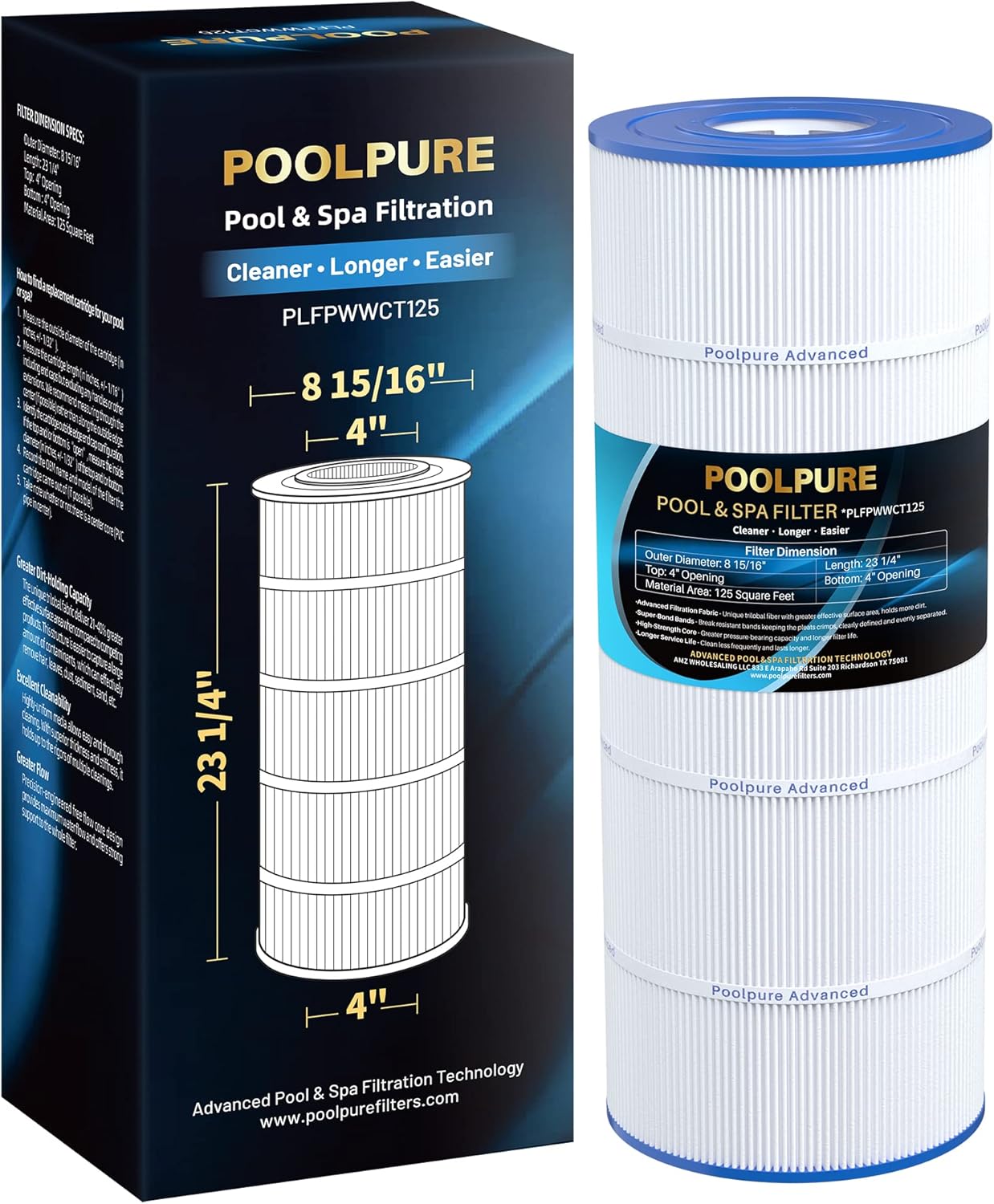 POOLPURE PLFPWWCT125 Pool Filter Replaces PWWCT125, Ultra-B2, Porpoise PP-B2-M, Clearwater II ProClean 125, 817-0125N, 125 Sq.ft Filter Cartridge 1PACK