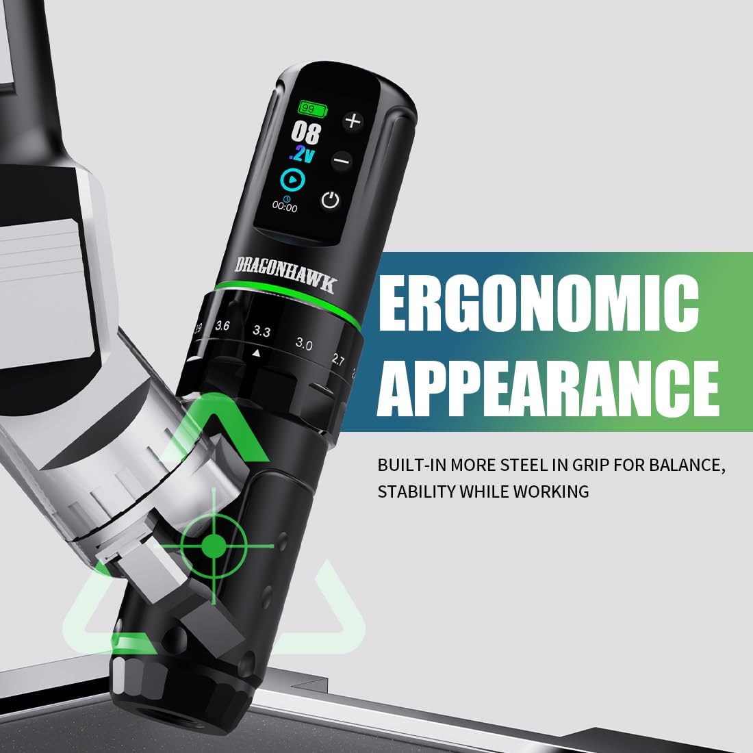 Dragonhawk L3 Cordless/Cord Tattoo Gun Rotary Pen Machine, 7 Strokes Length for Pro Artists, Powerful Mcore-L Tattoo Motor, Smart Display 2,000mAh Battery Power Supply Silver