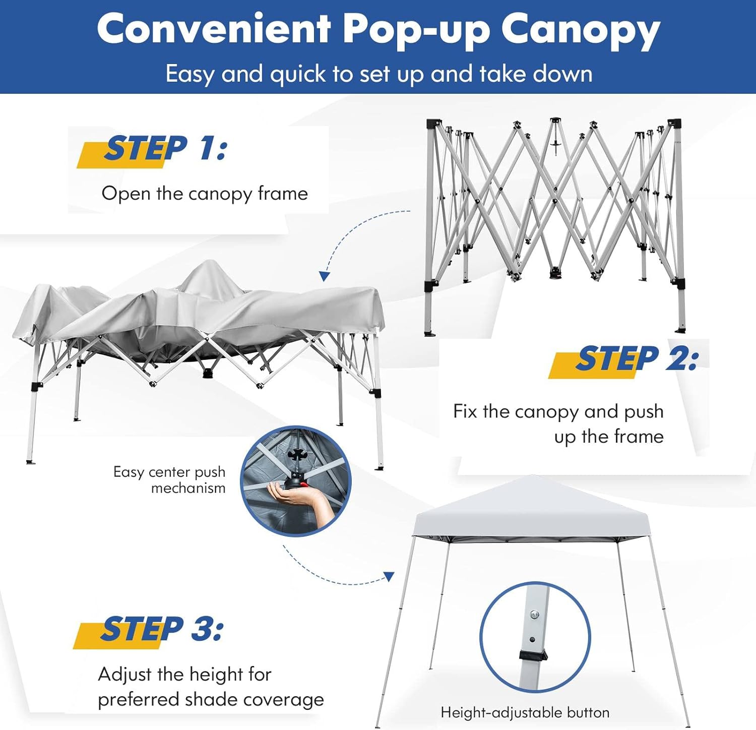 TANGZON 3 x 3M Pop Up Gazebo, Height Adjustable Instant Camping Party Tent Canopy with Slanted Legs & Carrying Bag, Outdoor Foldable Sun Shade Event Shelter (White, No Mesh Sidewalls & Sand Bags)