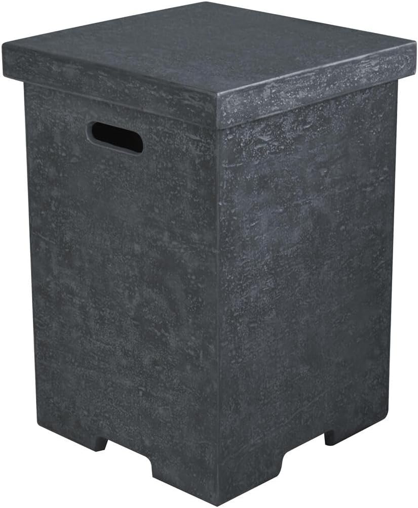 AMS Fireplace | Elementi Tall Dark Grey Square Travertine Propane Tank Cover | Concrete GFRC Base | Dimensions: 17.7 x 17.7 x 24.4 inches | Complement Hampton, and Others Fire Pit Tables Perfectly
