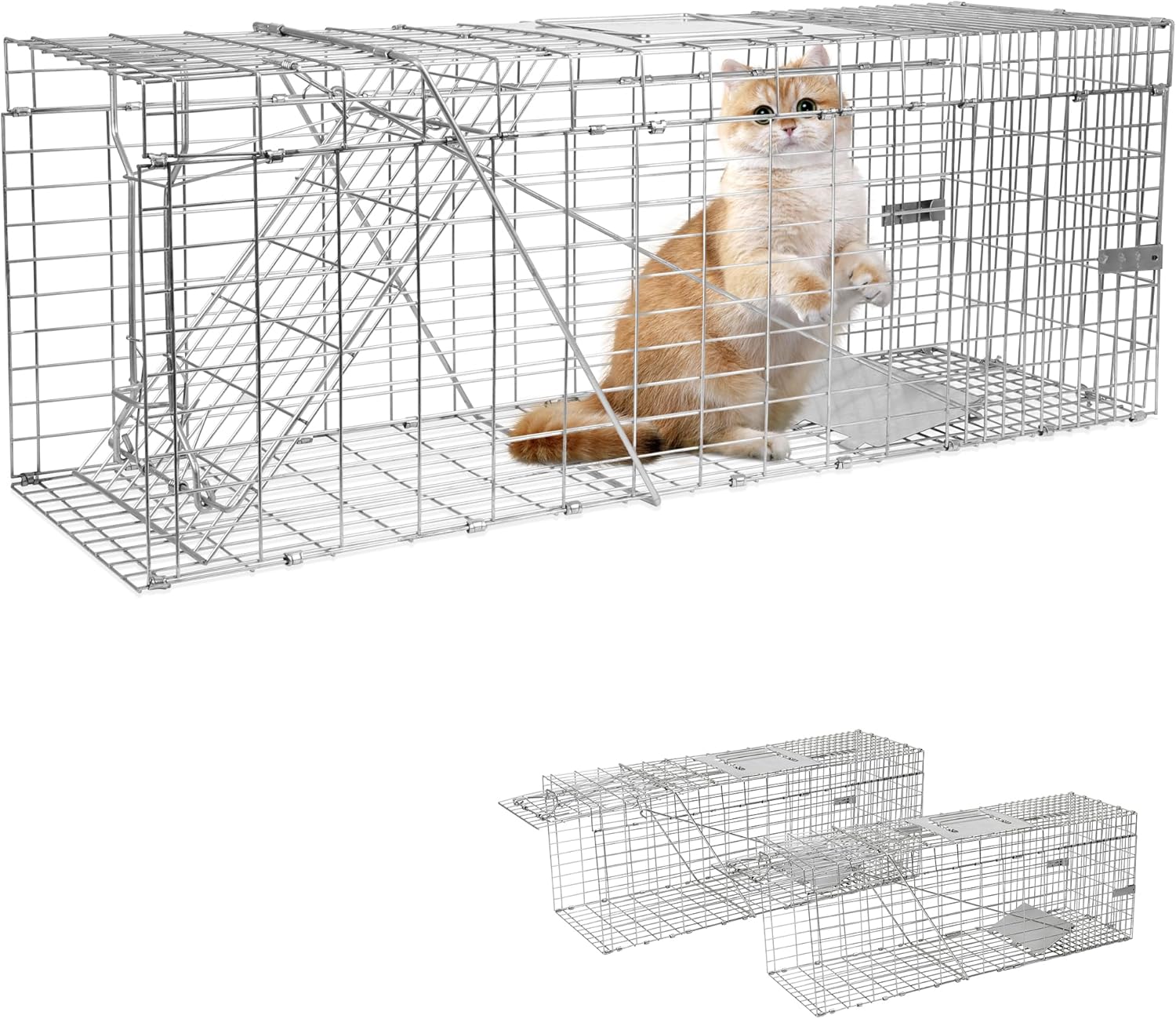 2-Pack H&B Cat Trap,Humane Feral Cat Traps,Live Animal Trap Cage,32X12 X10inch,Small Animal Trap,Catch and Release Stray Cats,Racoons,Squirrels,Rabbit,Foxs and More Rodents,Large(Silver)