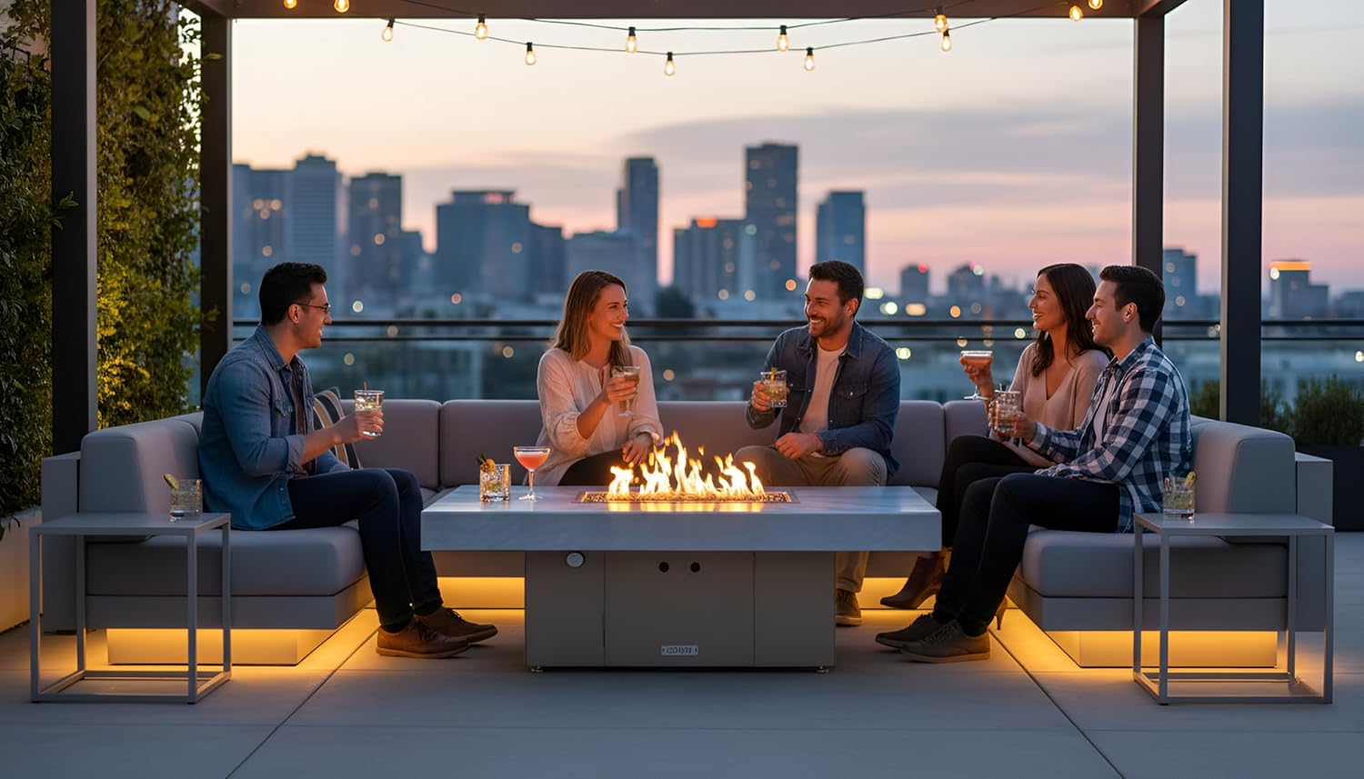 COOKE Santa Barbara Rectangular Fire Pit Table - 48 x 36 - Propane - Brushed Aluminum Top - Beige Powdercoat Base