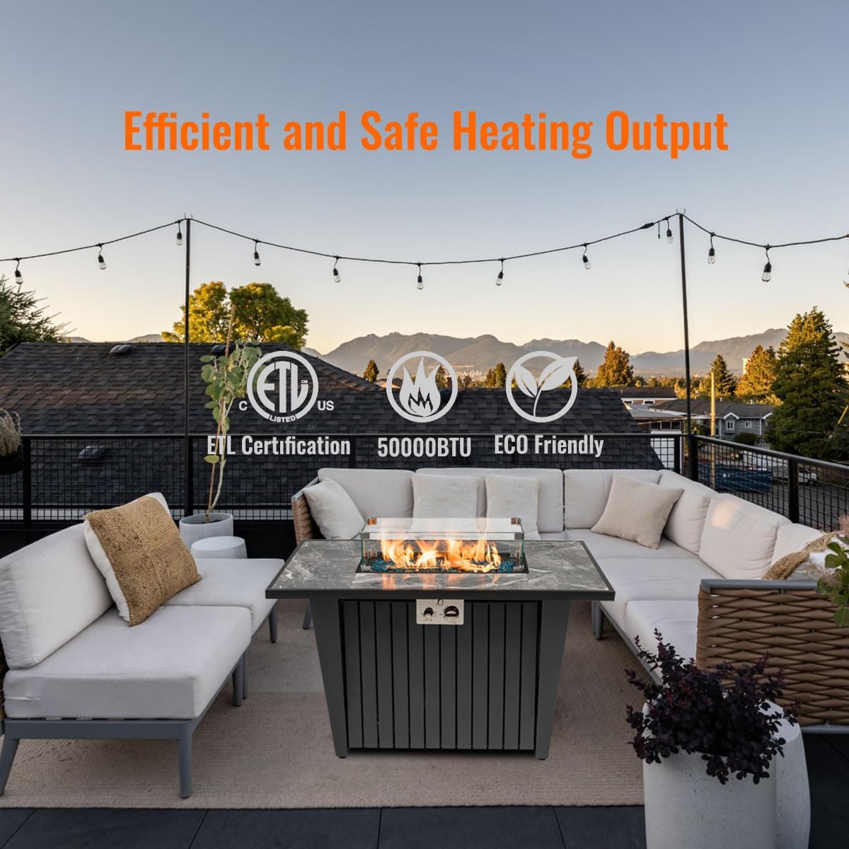 42'' Propane Fire Pit Table, Marble Tile Ceramic Tabletop with Glass Wind Guard, 50,000 BTU Fire Table, Inclined Leg and Art Powder Design, Blue Glass Rocks, Including Lid&Cover