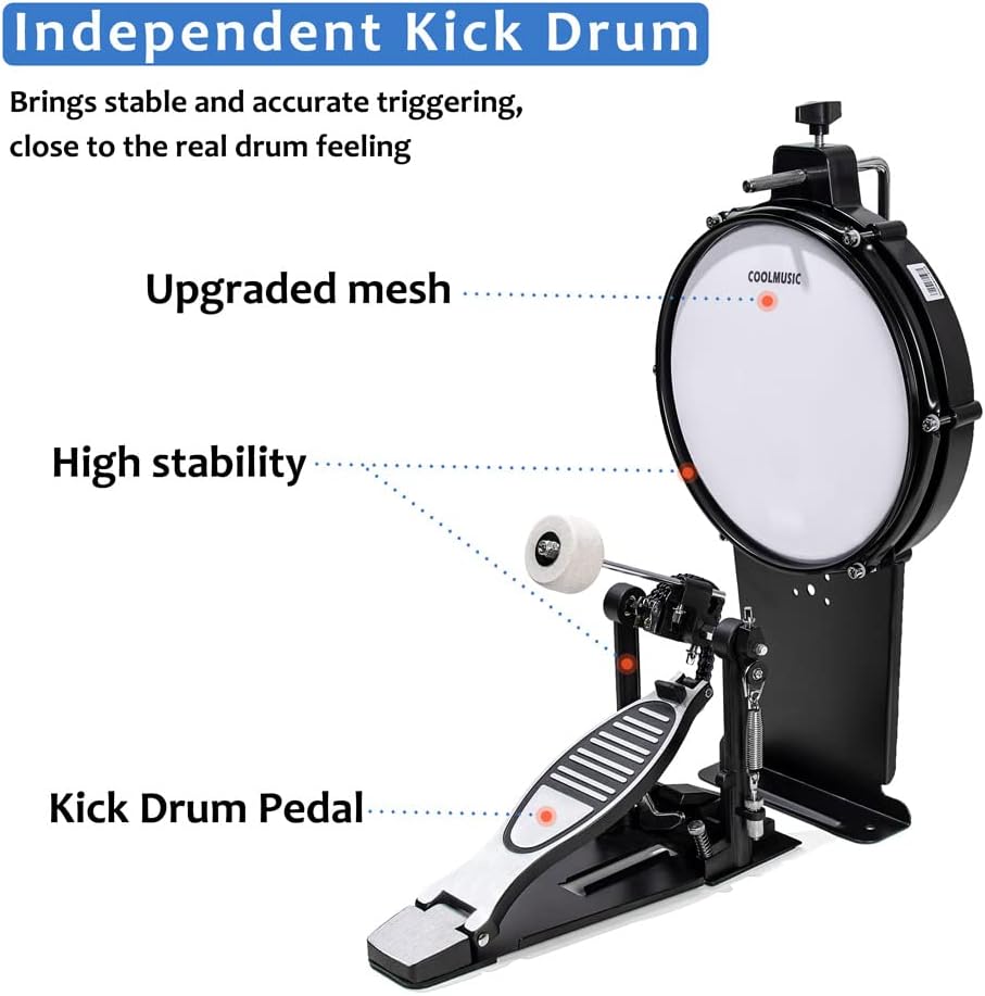 Coolmusic DD8 Electric Drum Set Electronic Kit with Mesh Head 8 Piece, Drum Throne, Sticks Headphone and Audio Cable Included, More Stable Iron Metal Support Set