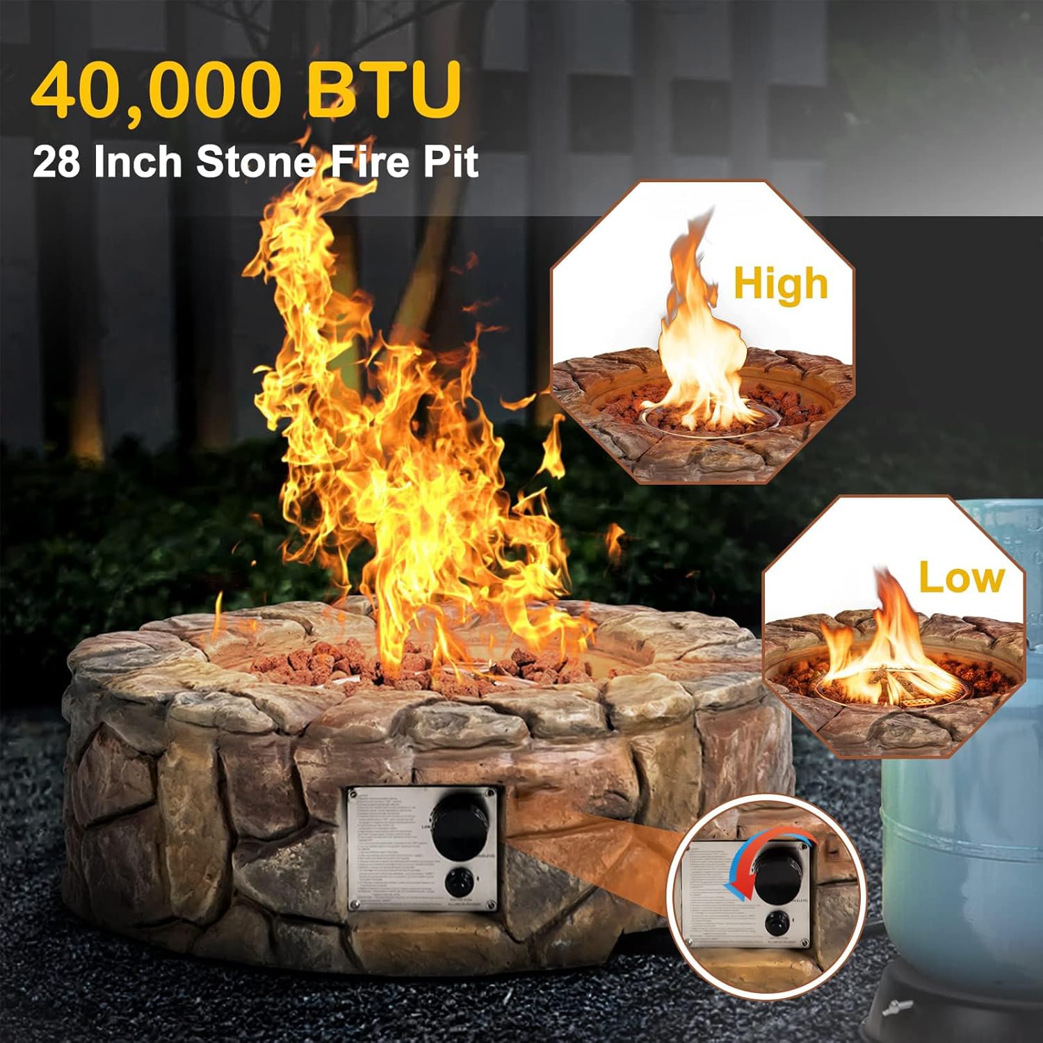 DORTALA Round Propane Outdoor Fire Pit, 28 Inch 40,000 BTU Stone Propane Fire Pit w/Lava Rocks, PVC Cover, ETL Certified, Smokeless Gas Fire Pits for Outside Patio Garden Camping Backyard (Brown)