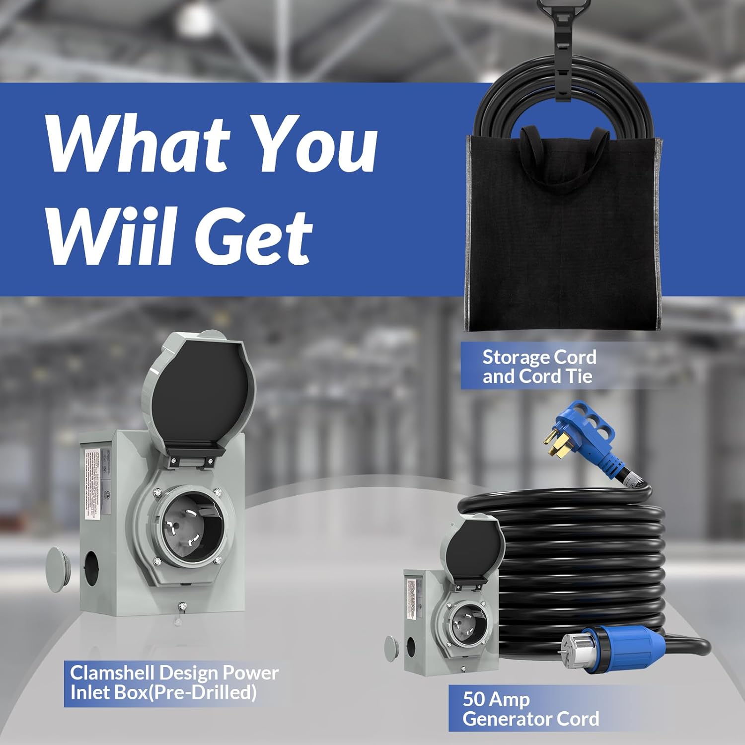 50 Amp Generator Cord and Power Inlet Box (Pre-Drilled) 25 FT, 4 Prong 125V/250V NEMA 14-50P/SS2-50R Twist Lock Generator to House Power Cord, Generator Inlet Box Kit for Emergency Backup Power