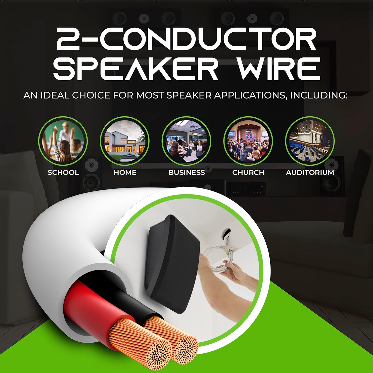 GearIT 14/2 Speaker Wire (500 Feet) 14AWG Gauge - in Wall Audio Speaker Wire Cable / CL2 Rated / 2 Conductors - OFC Oxygen-Free Copper, White 500ft