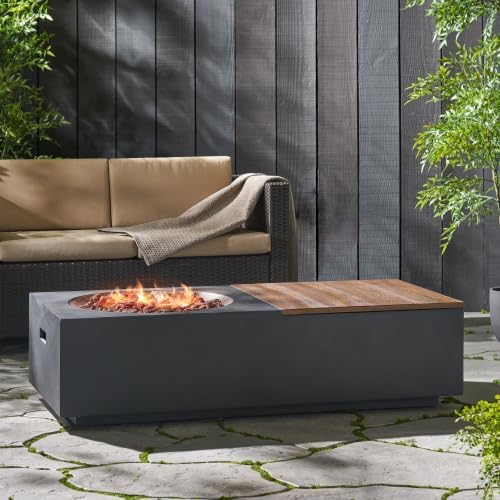 50,000 BTU Outdoor Rectangular Concrete Fire Pit Table with Storage, Lightweight MgO Fire Table with Removable Wood-Look Top, Weather-Resistant Patio Heating Table for Backyard, Dark Gray