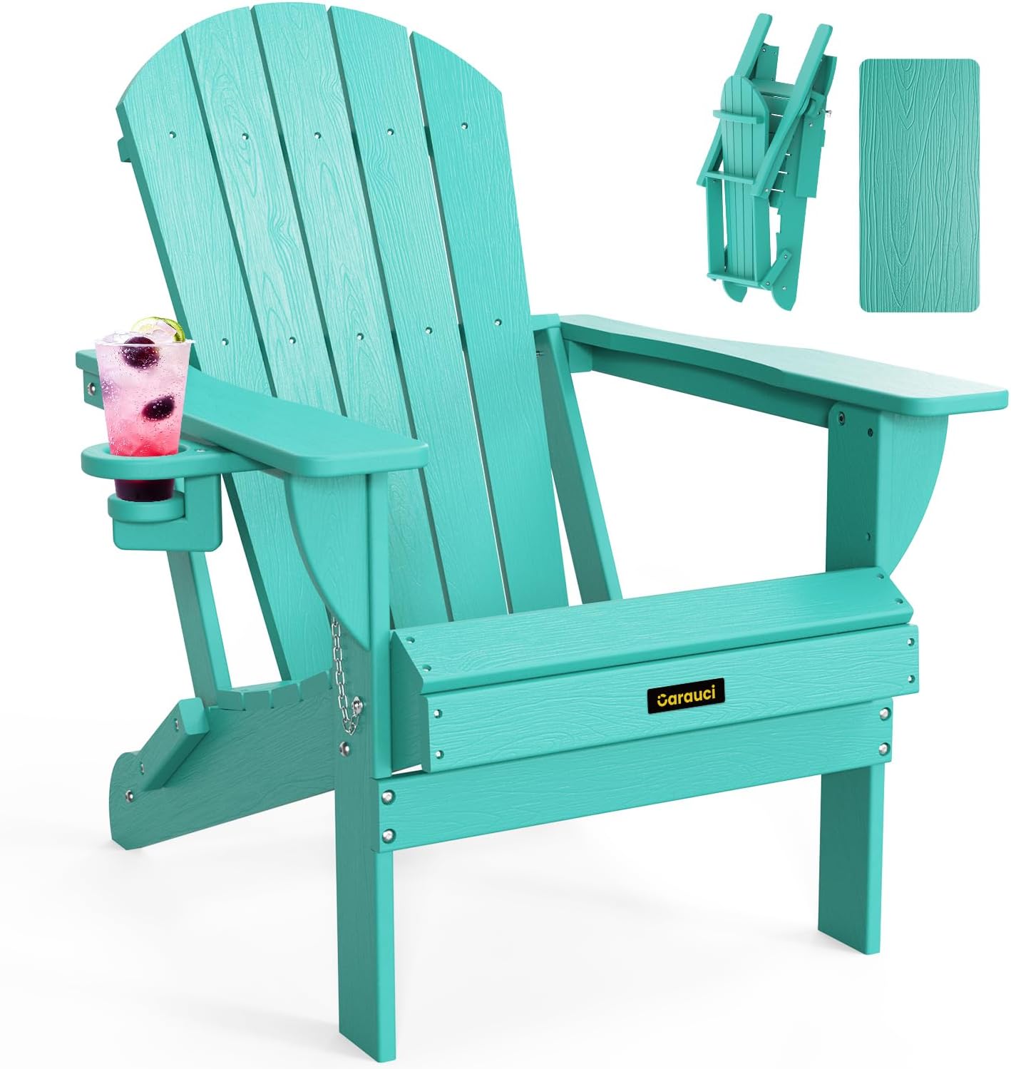 Plastic HDPE Adirondack Chair, Folding Adirondack Chair Weather Resistant with Cup Holder, Wooden Textured Fire Pit Outdoor Chair for Garden, Porch, Lawn, Backyard, Supports 380LBS, Lake Blue