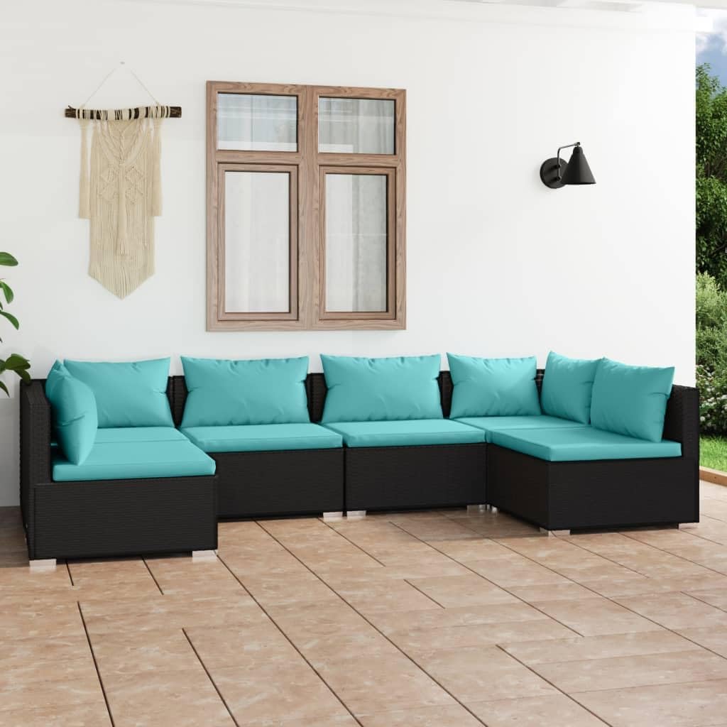 6 Piece Patio Lounge Set with Cushions Poly Rattan Black Garden Furniture