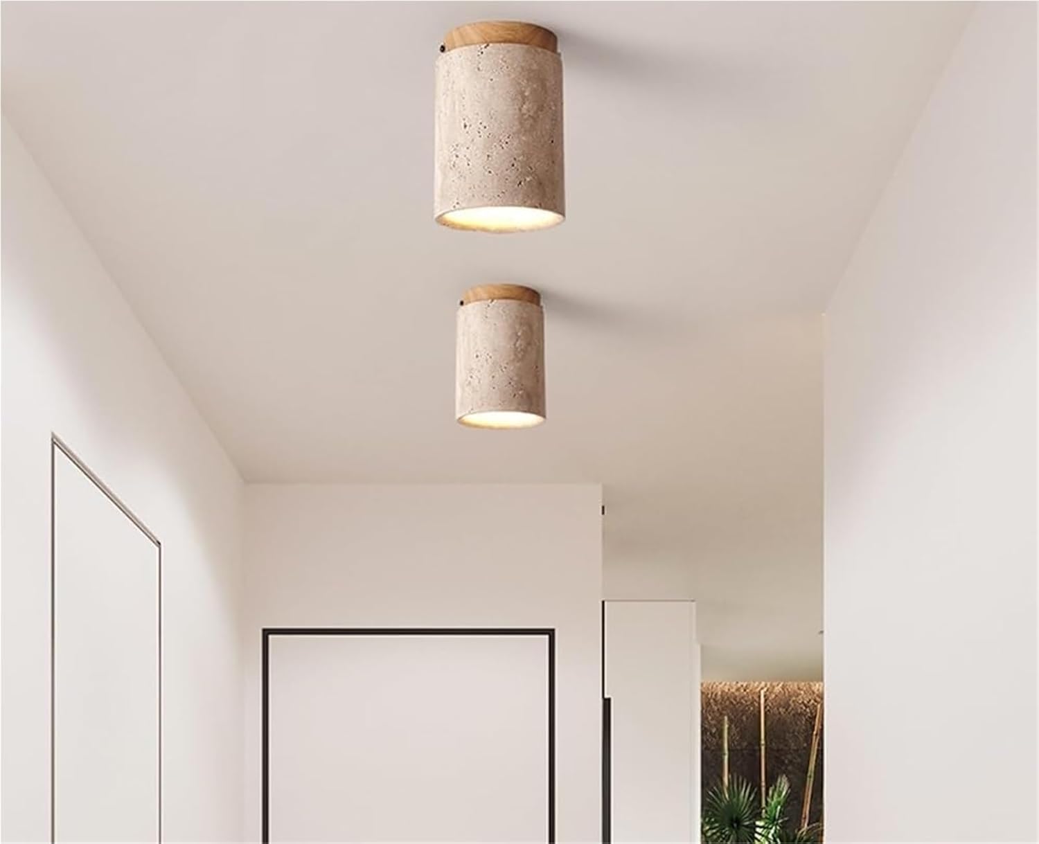 Modern Minimalist Travertine & Wood Recessed Ceiling Light, 4.3