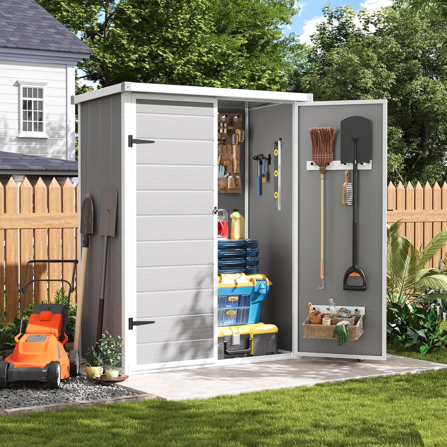 Amopatio 47 Cu.ft Vertical Storage Shed, Outdoor Resin Shed with Floor, Waterproof Plastic Cabinet, Lockable Doors for Patio, Garden, Lawn (4.3 ft x 5.6 ft)