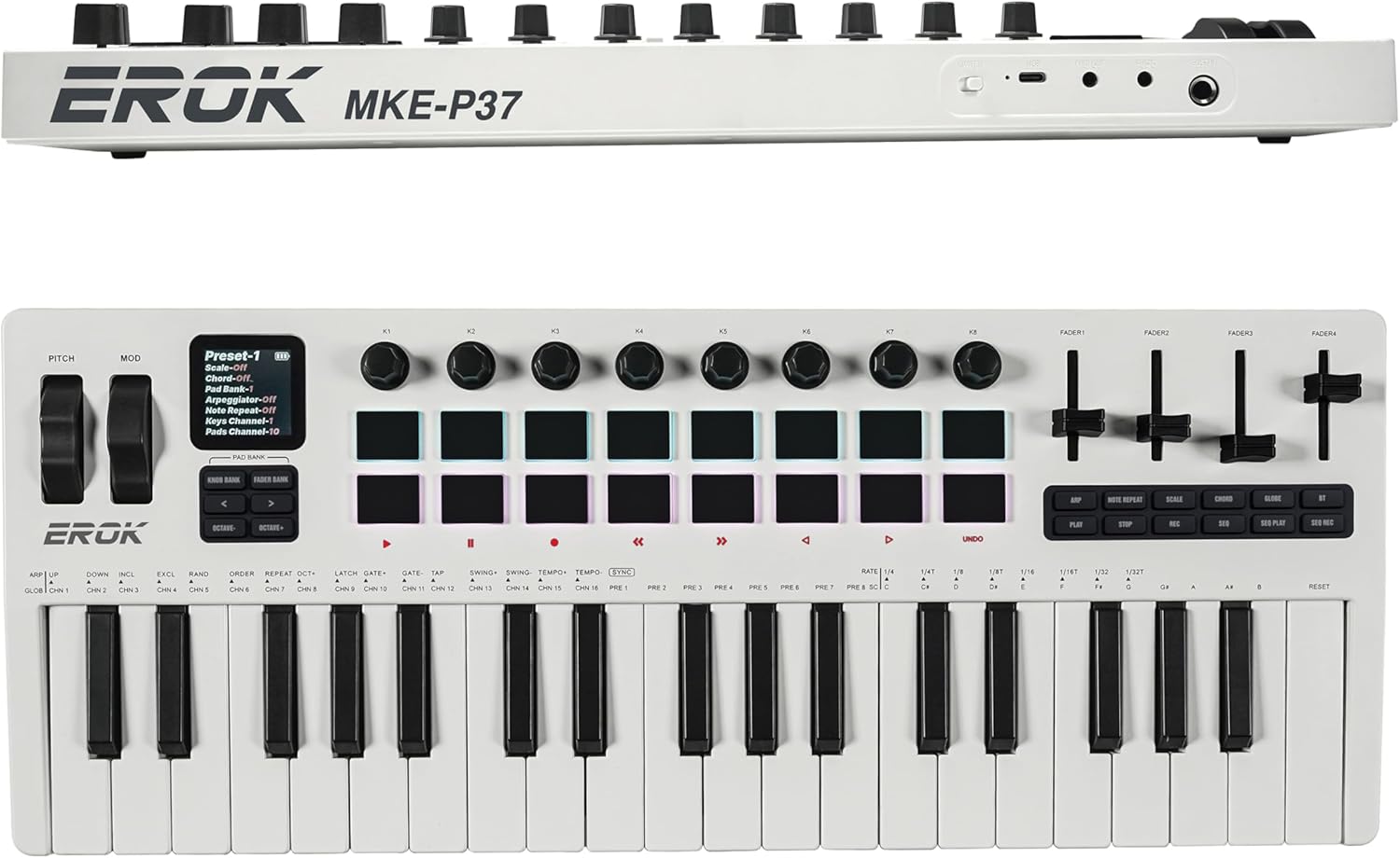 EROK 37 Keys MIDI Keyboard Controller with 3.5mm MIDI Output, 16 Backlit Drum Pads, 8 Knobs, DAW Integration & Arpeggiator, Music Production Equipment and Studio Controller (White)